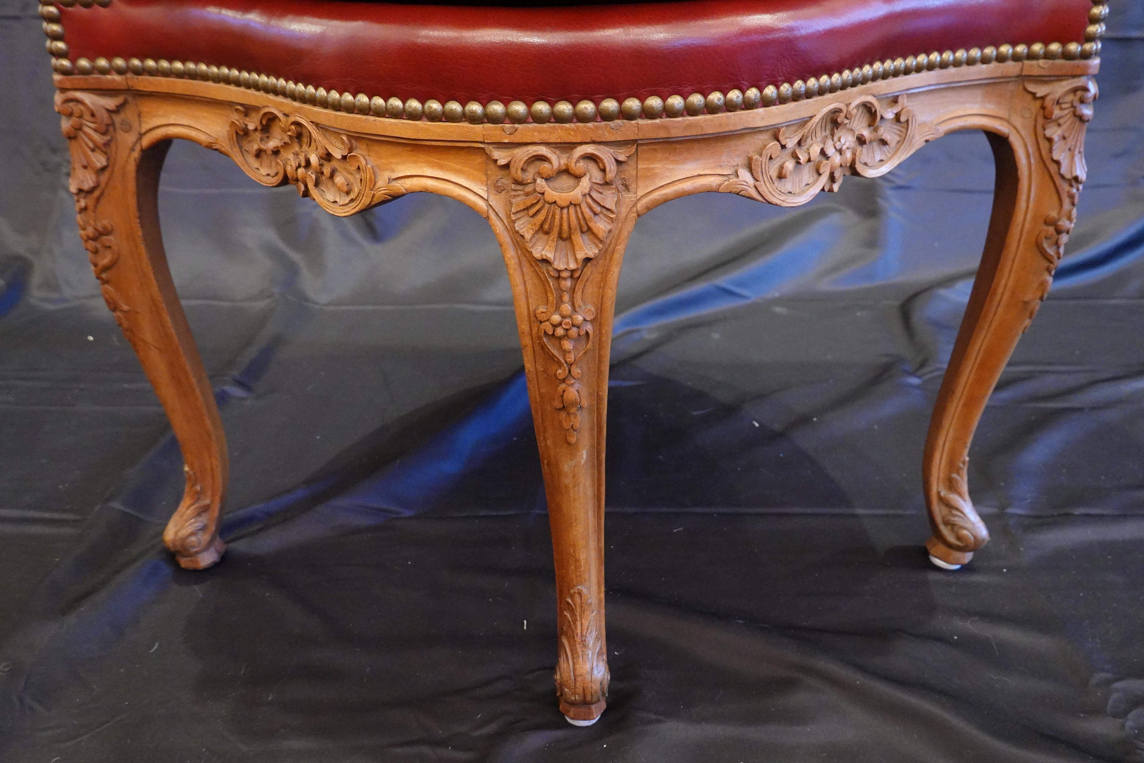 Louis XV Style Desk Chair Upholstered in Red Leather with Nailhead Trim 2