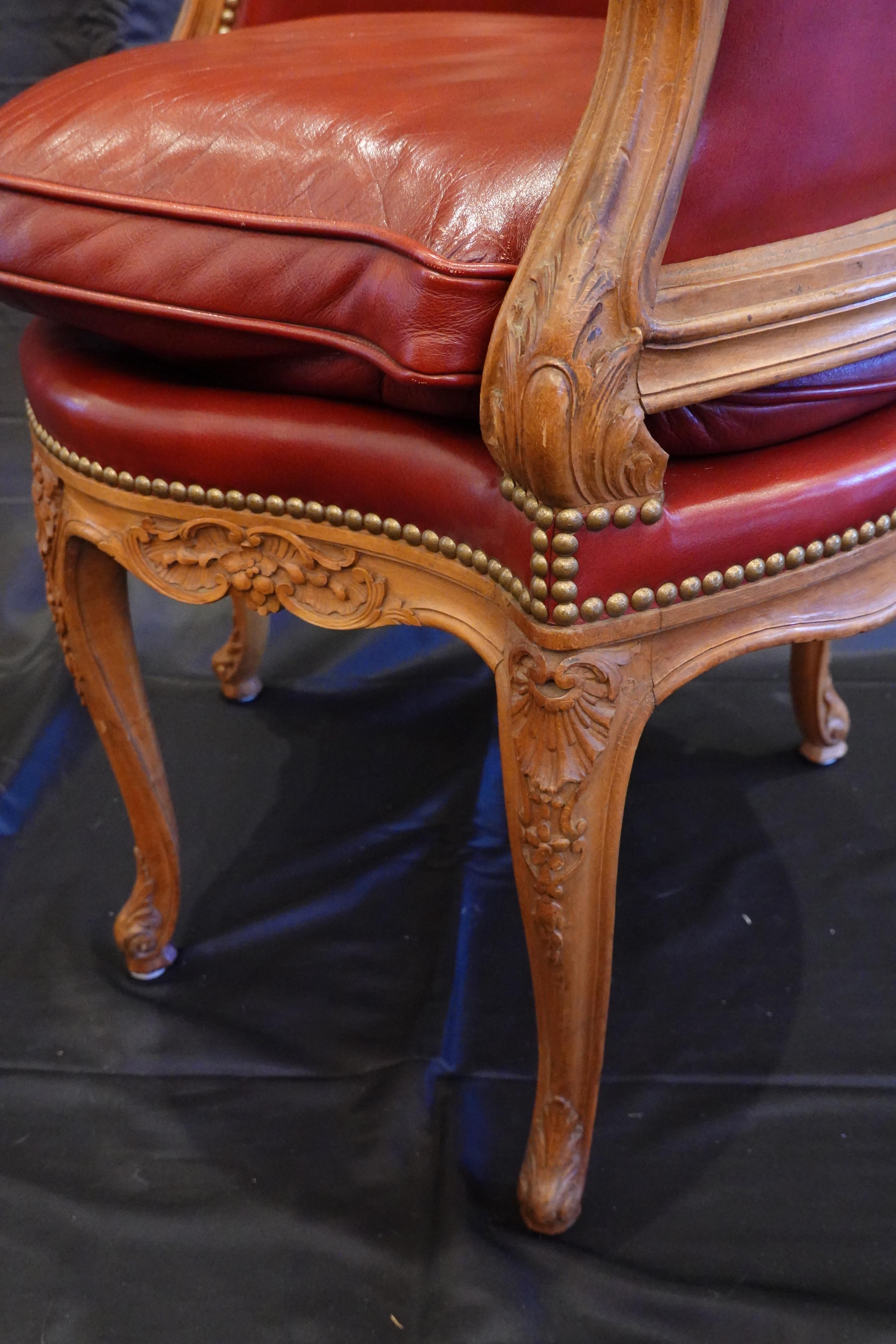 Louis XV Style Desk Chair Upholstered in Red Leather with Nailhead Trim 3