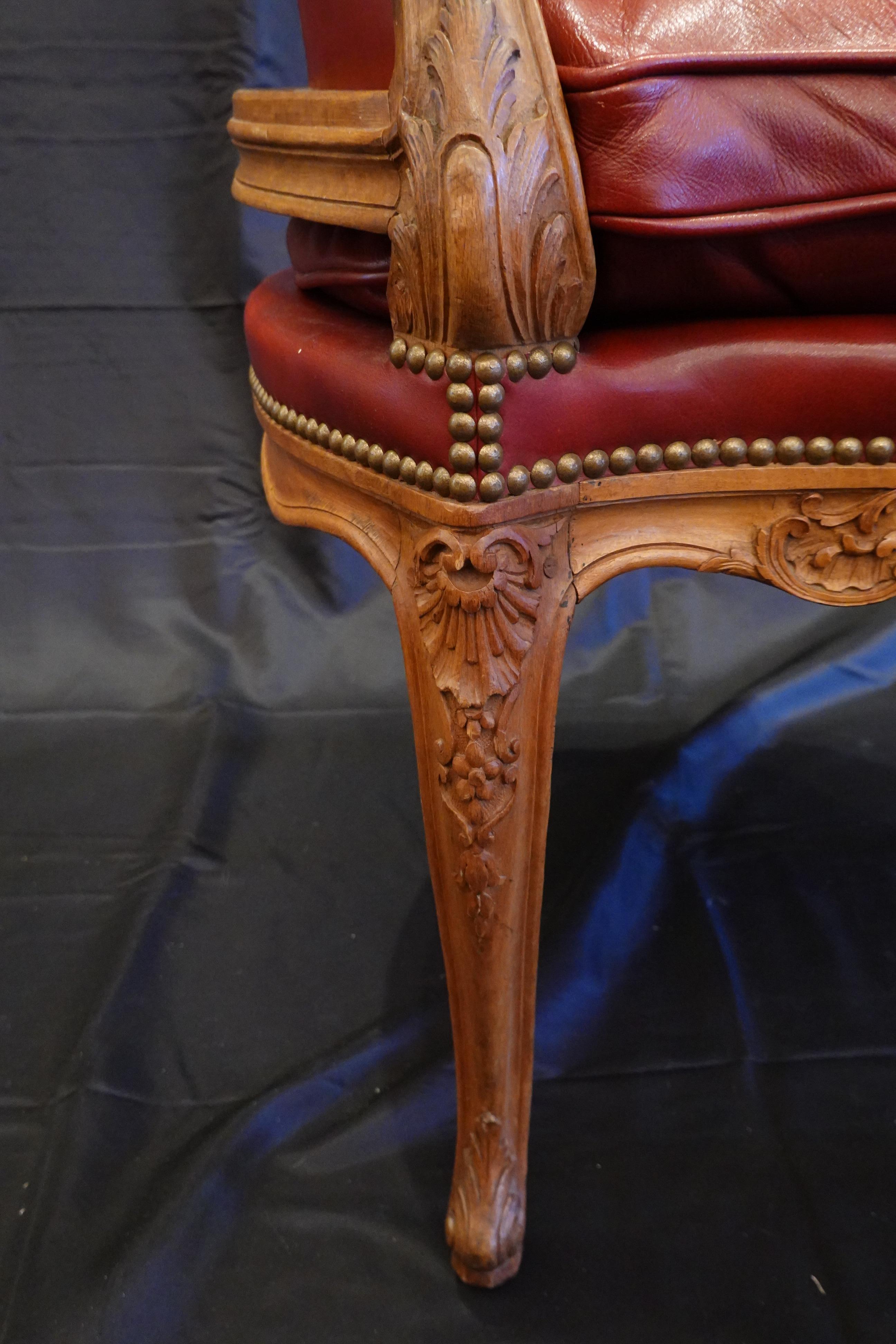 Louis XV Style Desk Chair Upholstered in Red Leather with Nailhead Trim 4