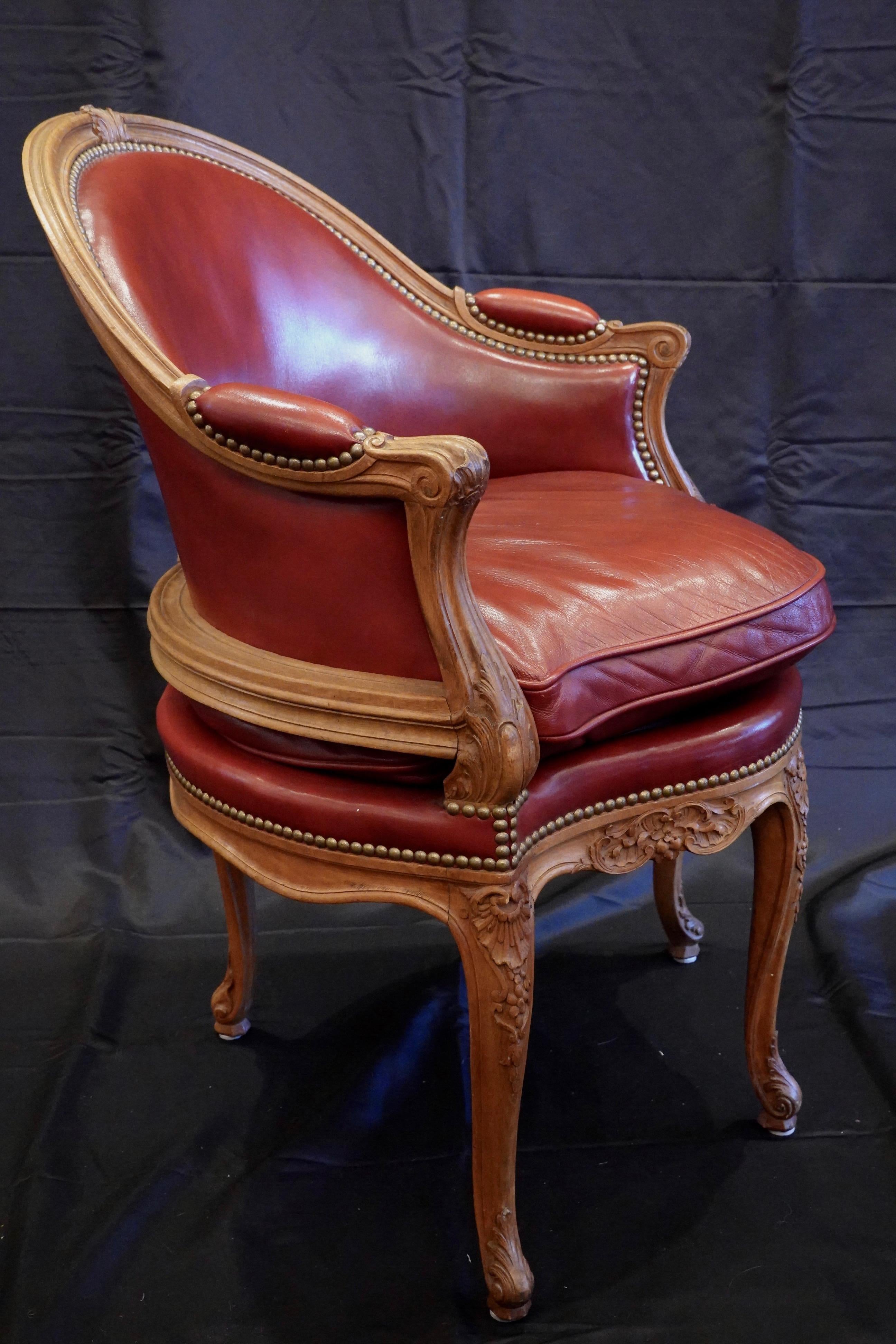 French Louis XV Style Desk Chair Upholstered in Red Leather with Nailhead Trim
