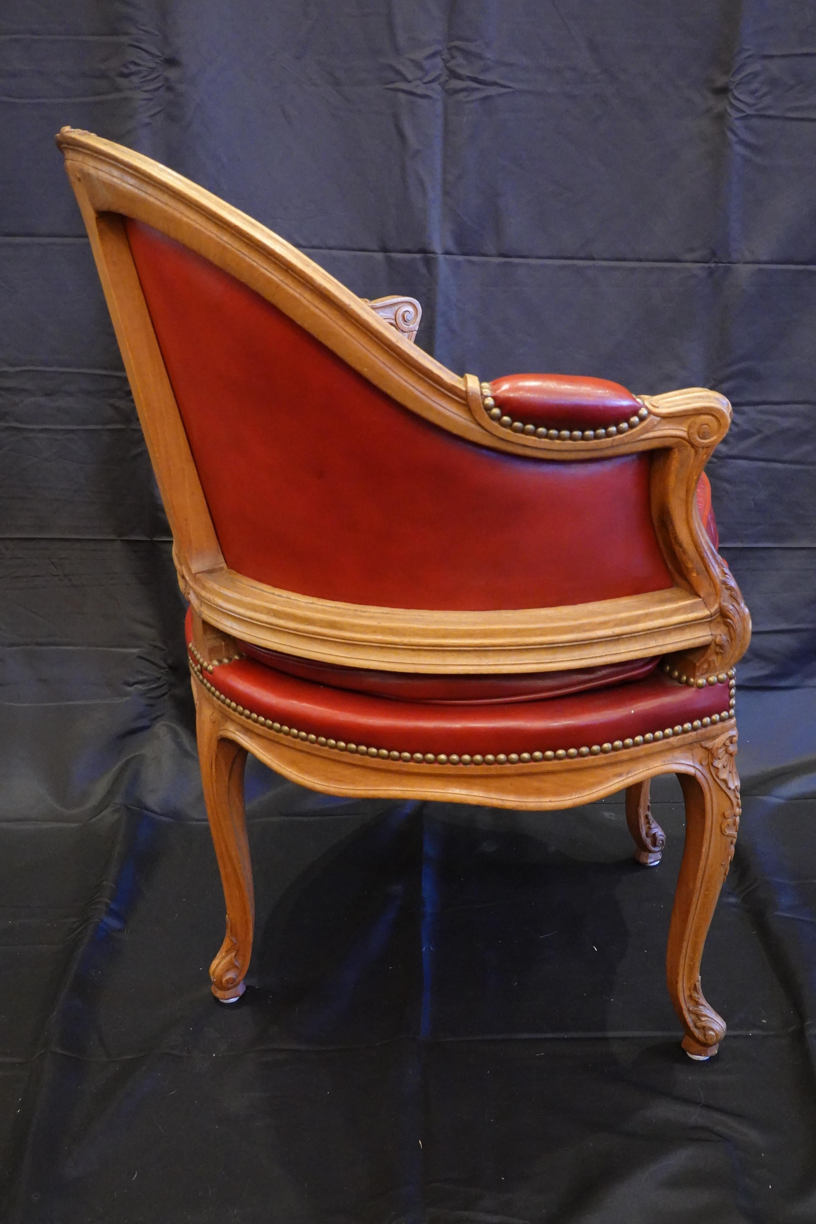 Joinery Louis XV Style Desk Chair Upholstered in Red Leather with Nailhead Trim