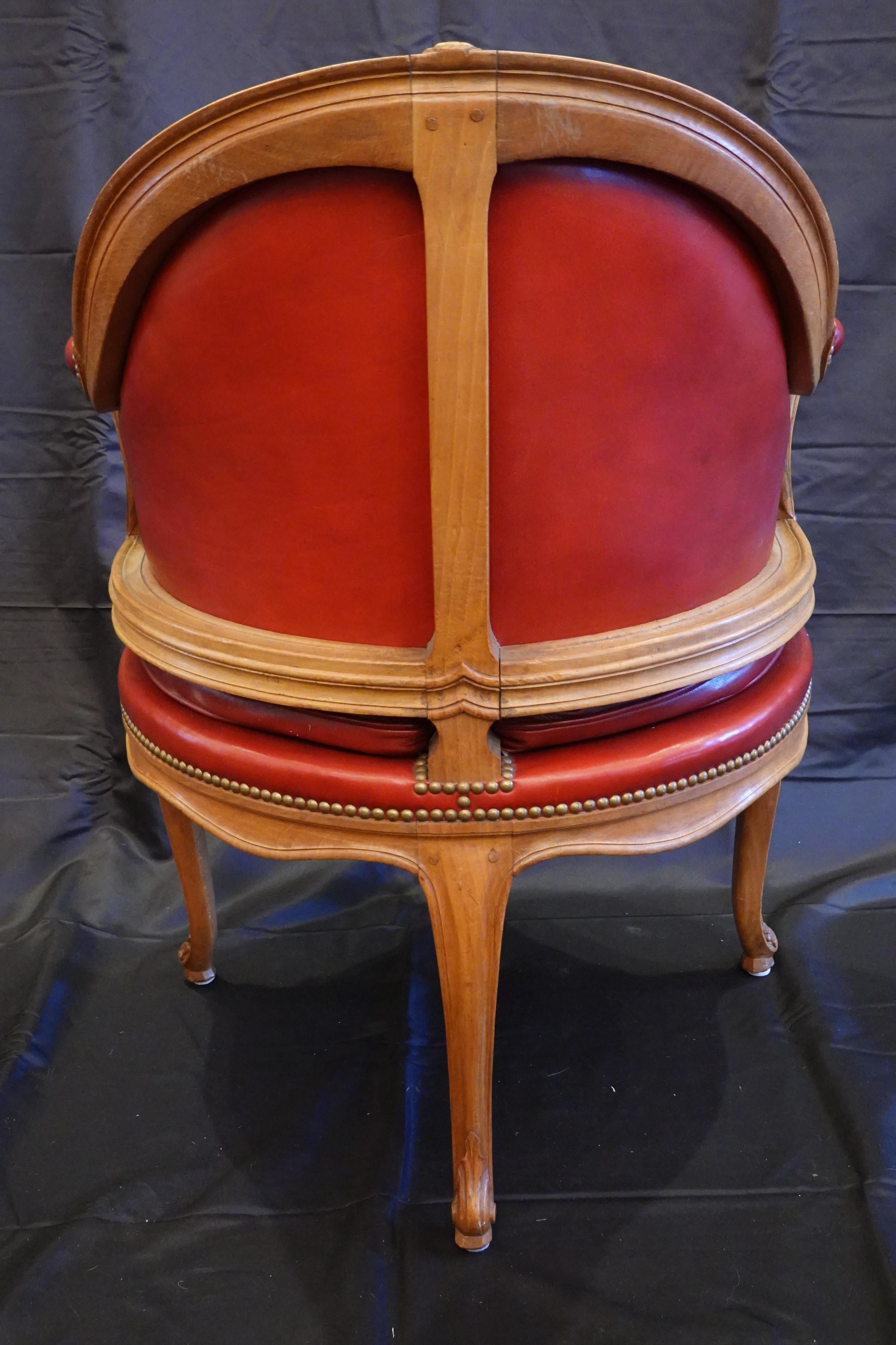 Louis XV Style Desk Chair Upholstered in Red Leather with Nailhead Trim In Good Condition In Pembroke, MA