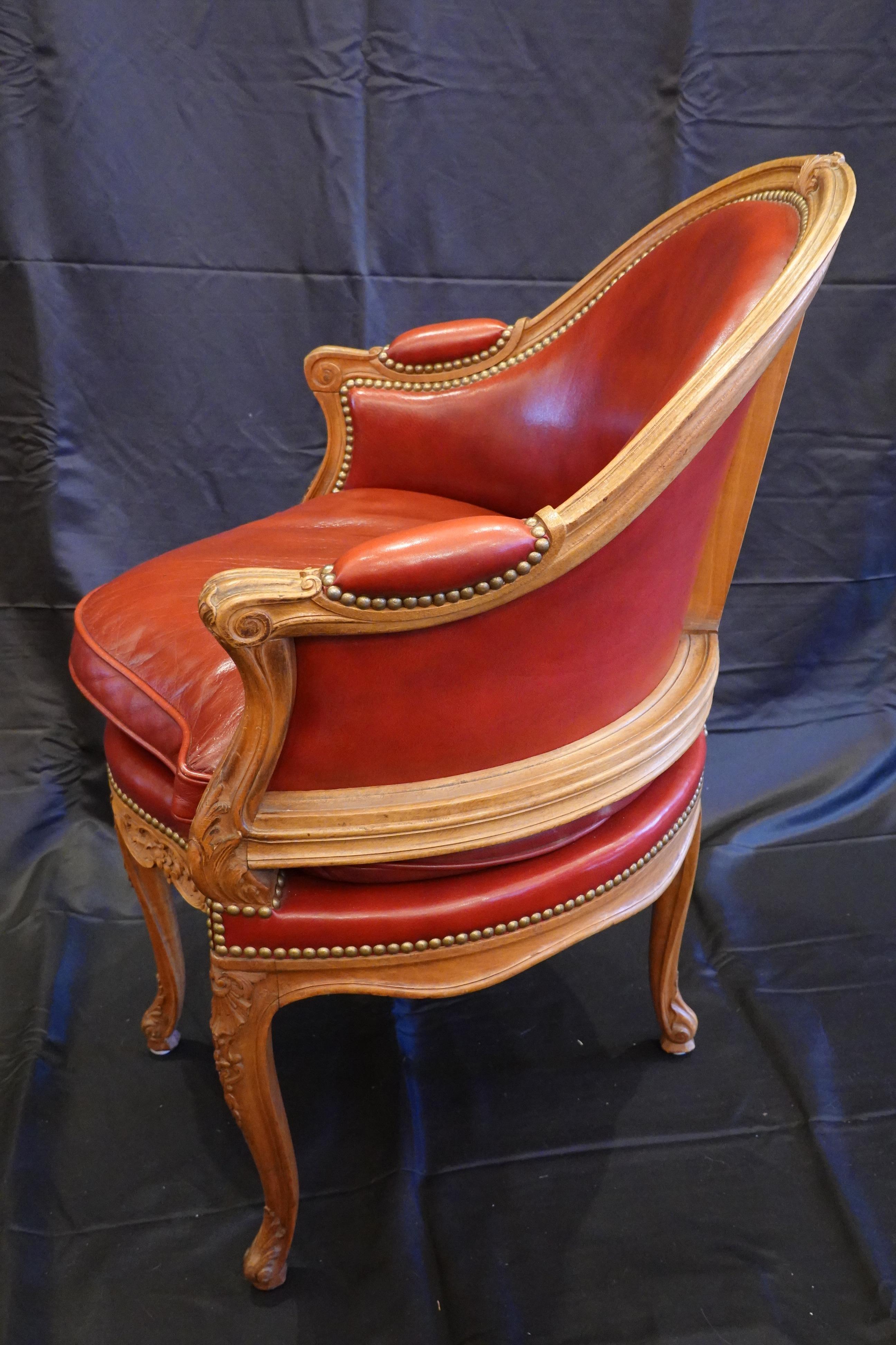 20th Century Louis XV Style Desk Chair Upholstered in Red Leather with Nailhead Trim