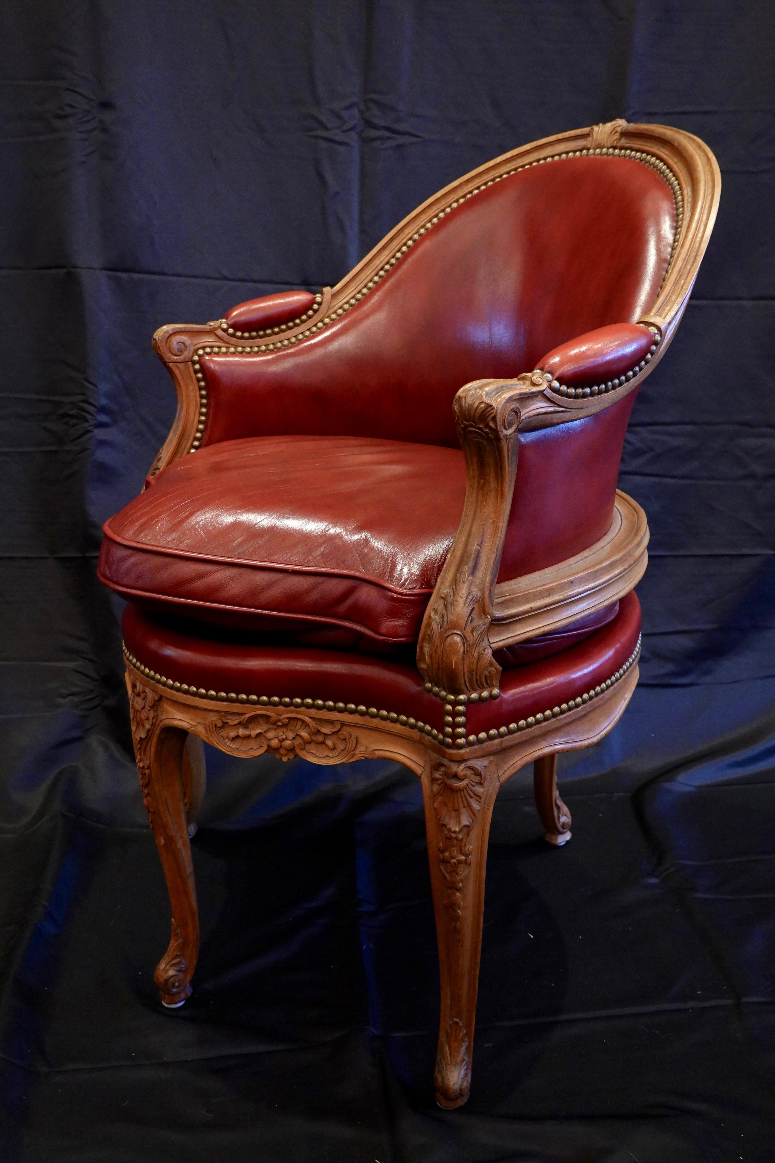 Louis XV Style Desk Chair Upholstered in Red Leather with Nailhead Trim 1