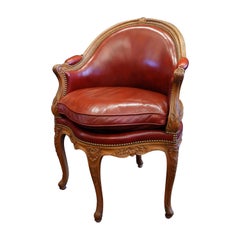 Antique Louis XV Style Desk Chair Upholstered in Red Leather with Nailhead Trim