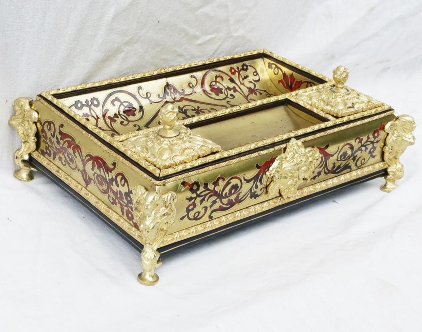 Gilt Louis XV Style Desk Inkwell in Bronze Boulle Marquetry