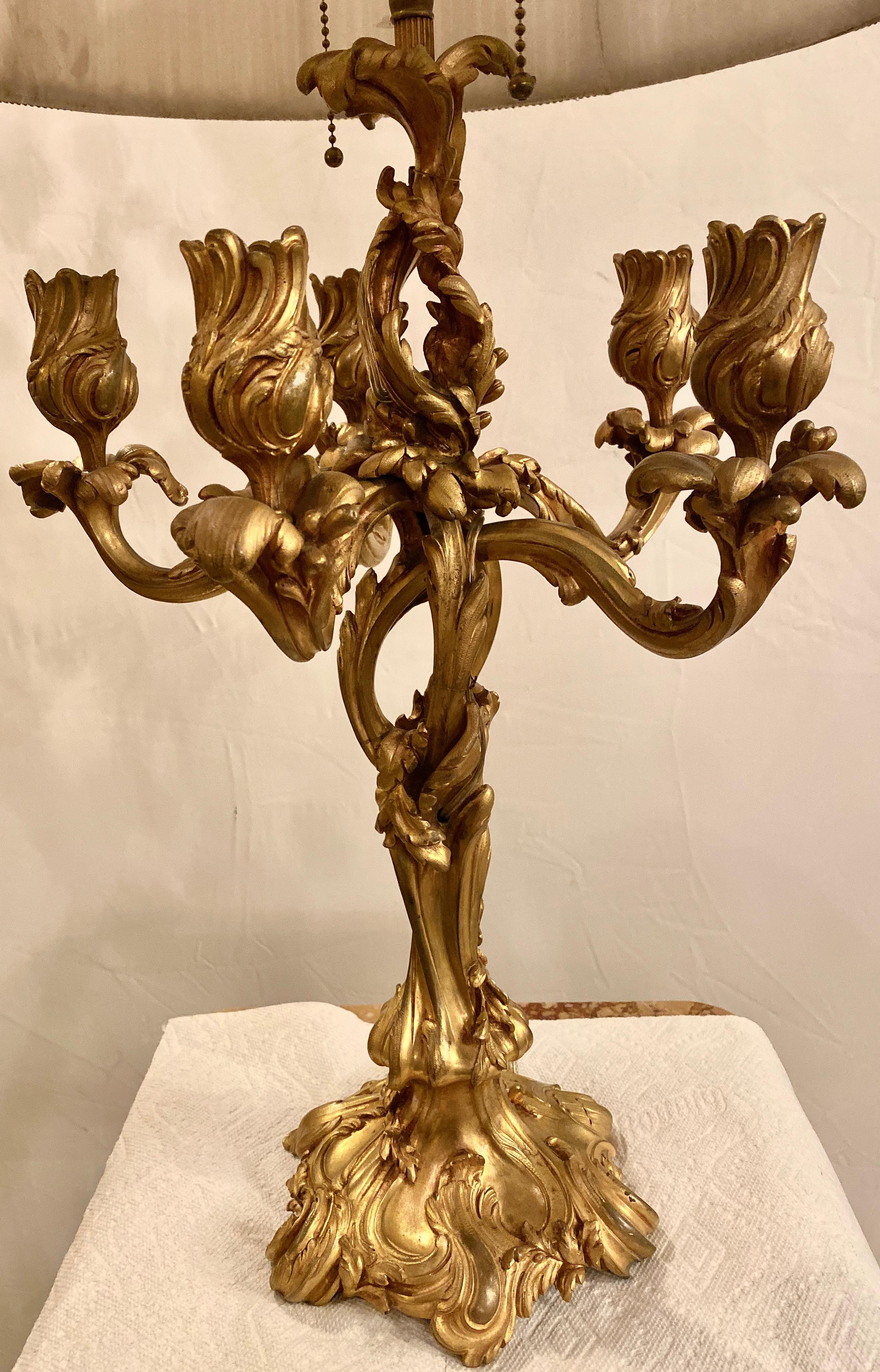 French Louis XV Style Dore Bronze Candelabra Electrified Foundry Marks Paris Jullet+Cie