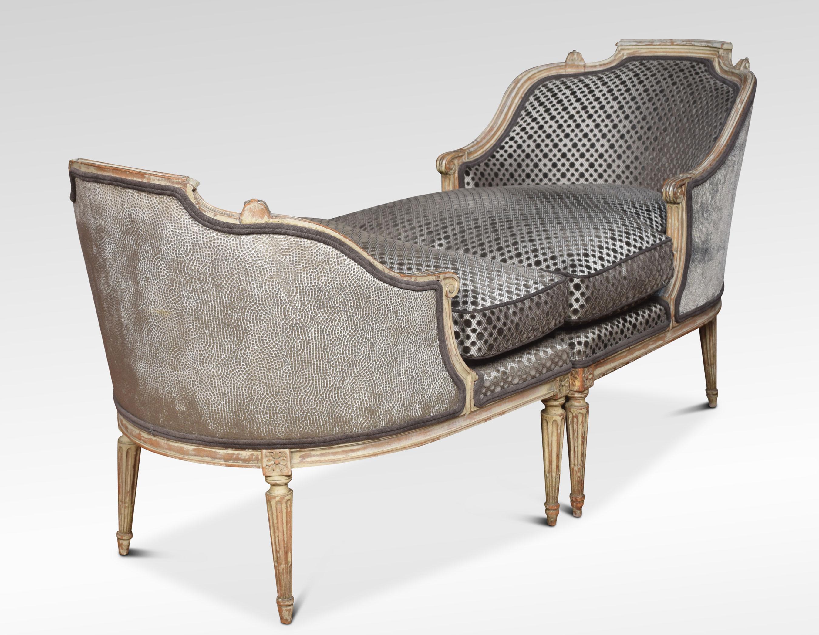 Louis XV style Duchesse Brisee, the moulded frame with original paint recovered in modern grey fabric, raised up on redded fluted legs.
Dimensions
Height 34.5 inches height to seat 23 inches
Width 73 inches
Depth 26 inches.