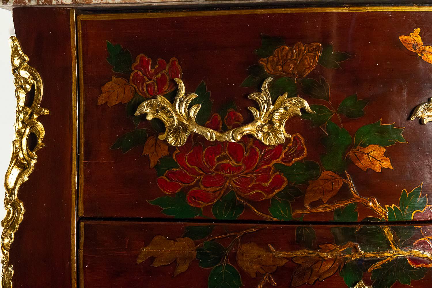 Louis XV Style Early 20th Century Lacquer Commode Flowers and Chinoiserie Scenes 2