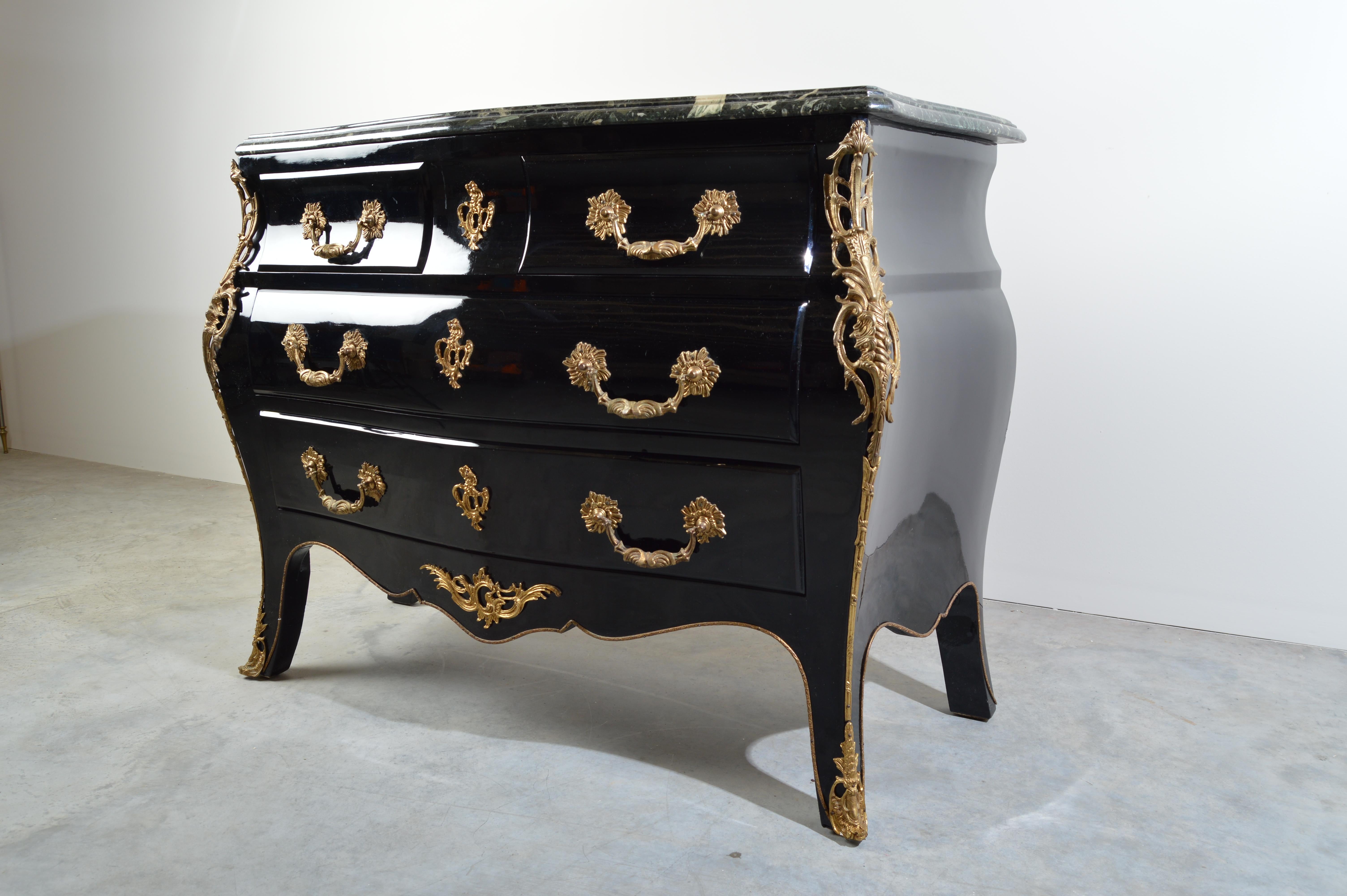 French Louis XV Style Ebonized Marble Top Bombe Chest Commode Having Bronze Details