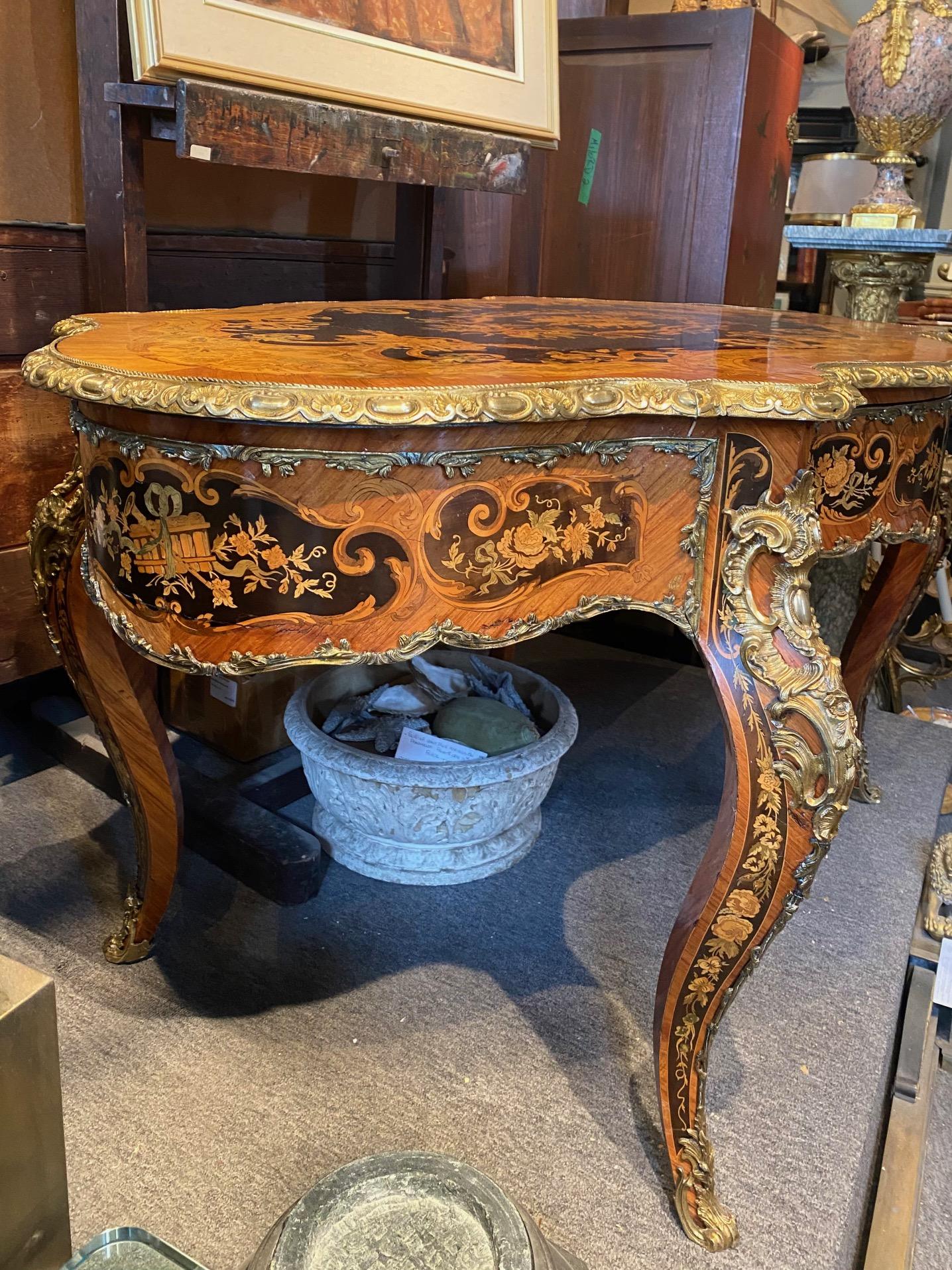 French Louis XV Style Extensively Inlaid Marquetry Center Table For Sale