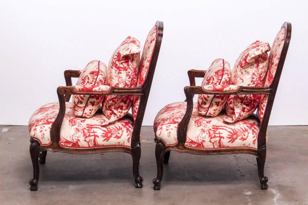 Louis XV Style Fauteuil Armchairs with Scalamandre Chinoiserie Toile 5