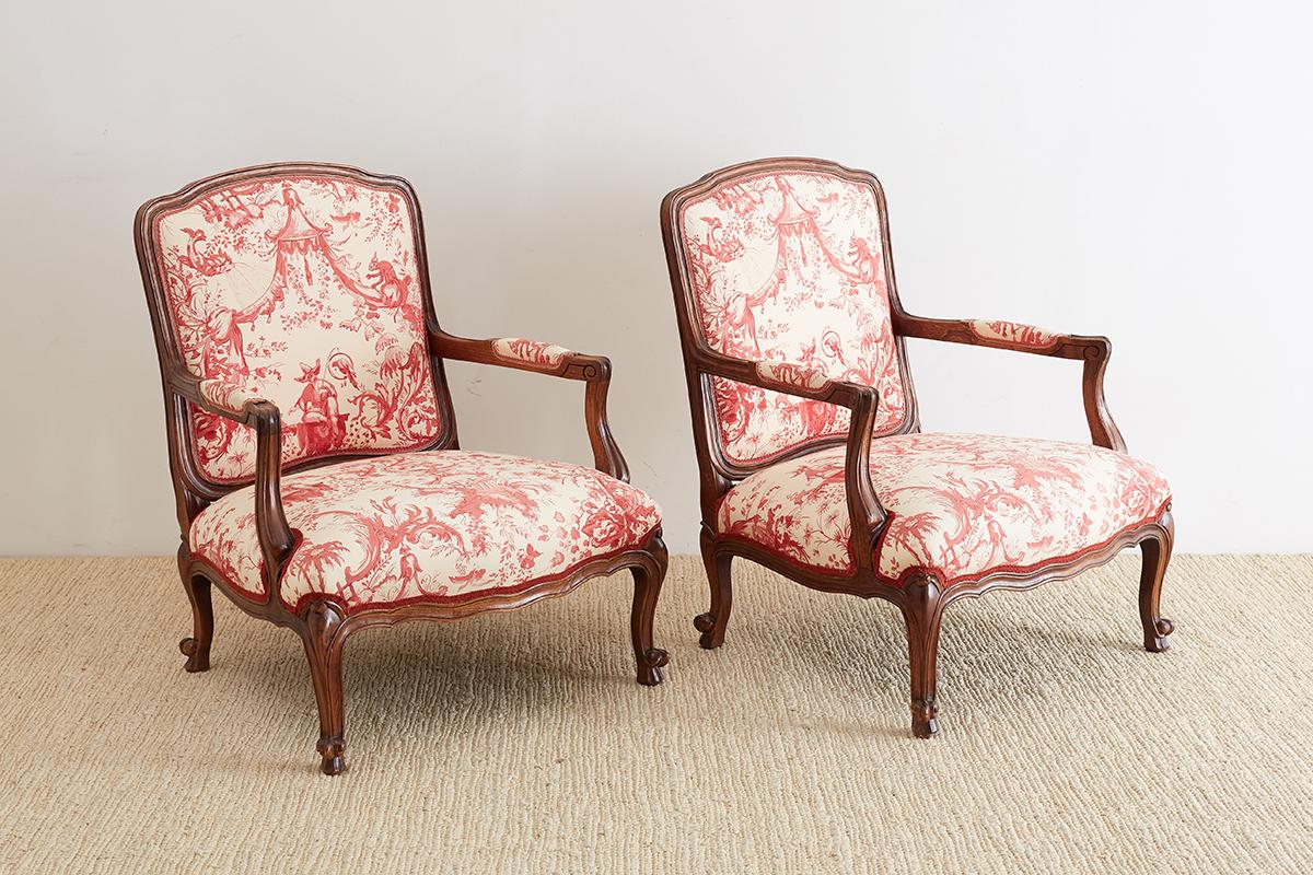 American Louis XV Style Fauteuil Armchairs with Scalamandre Chinoiserie Toile
