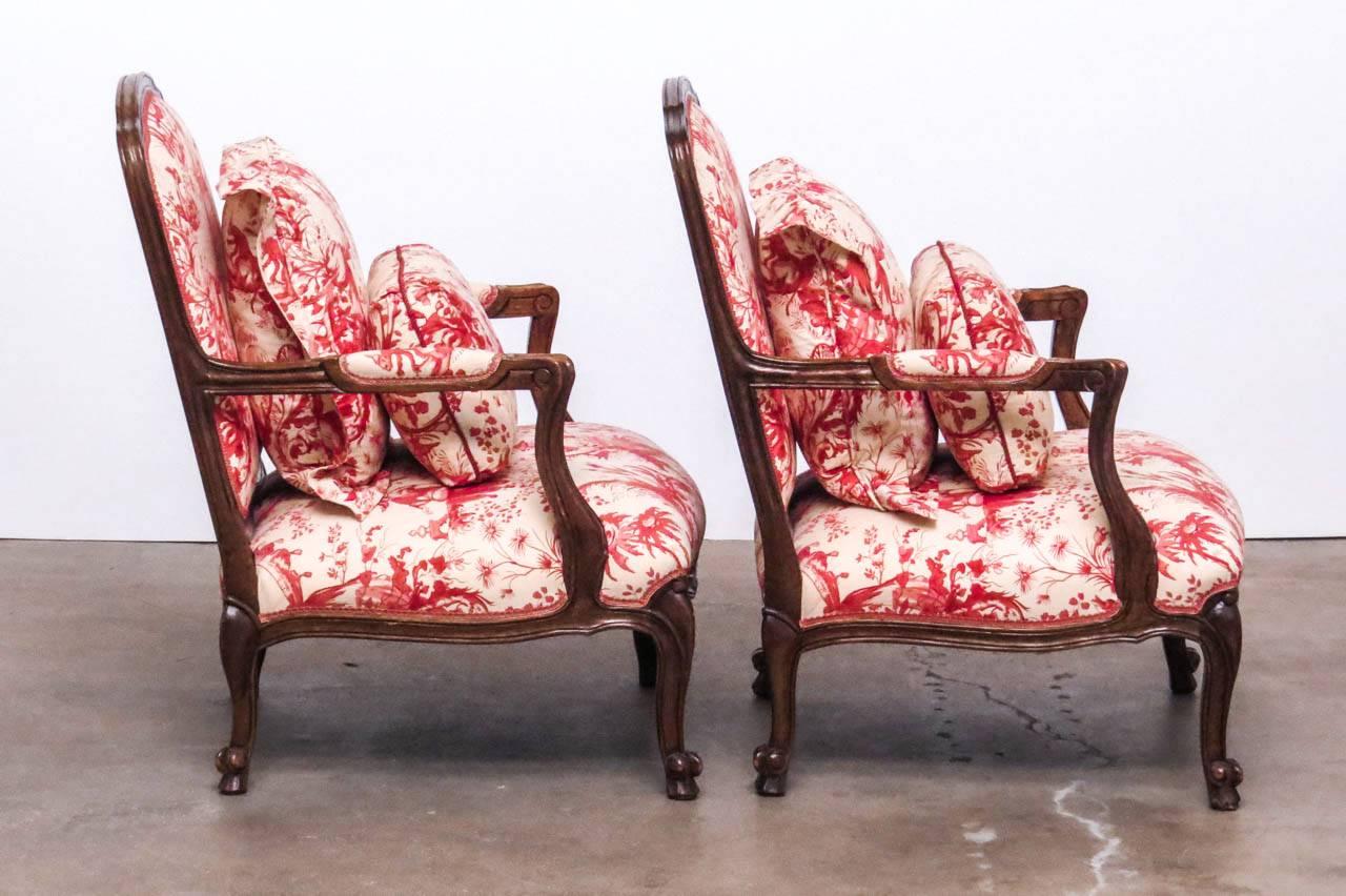 Hand-Crafted Louis XV Style Fauteuil Armchairs with Scalamandre Chinoiserie Toile