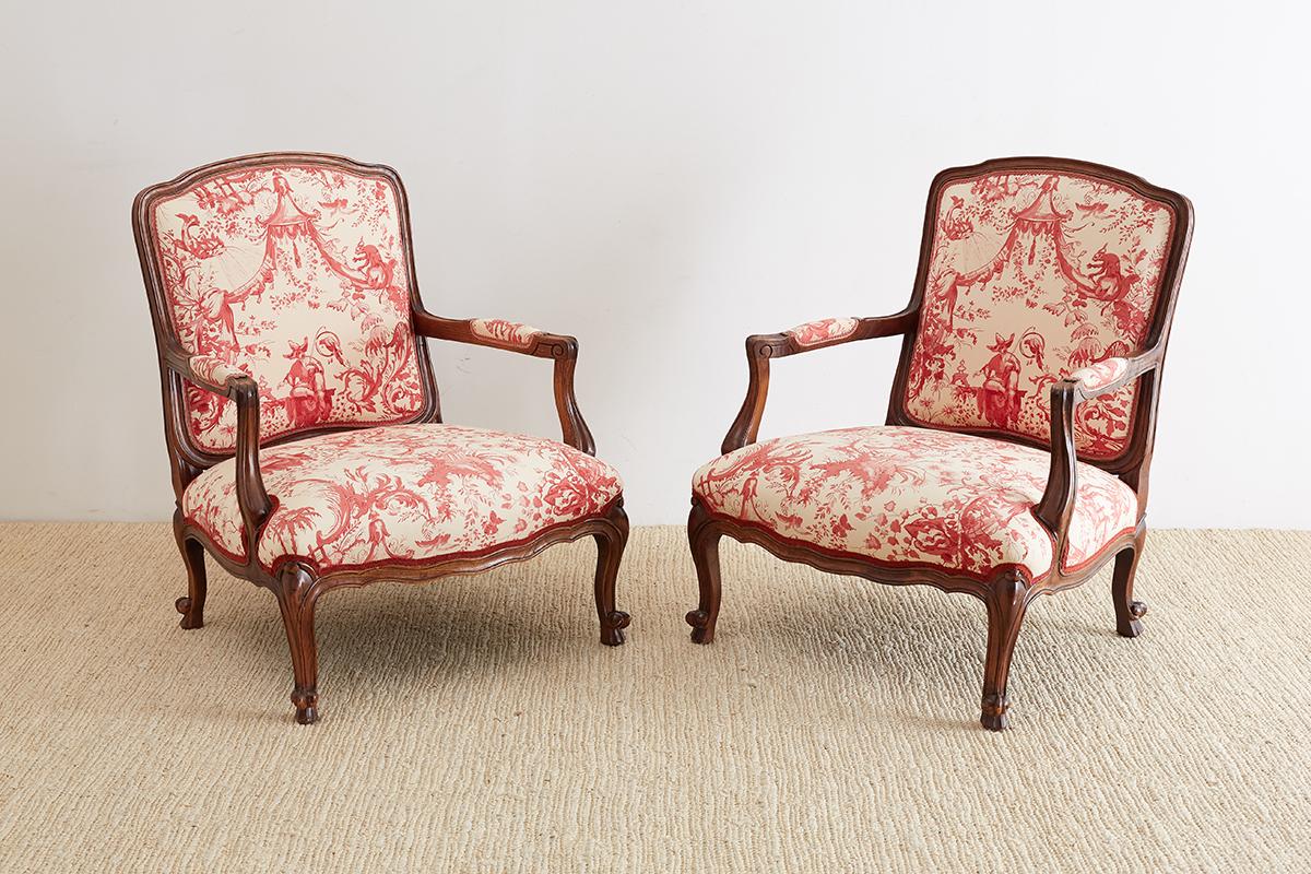 20th Century Louis XV Style Fauteuil Armchairs with Scalamandre Chinoiserie Toile