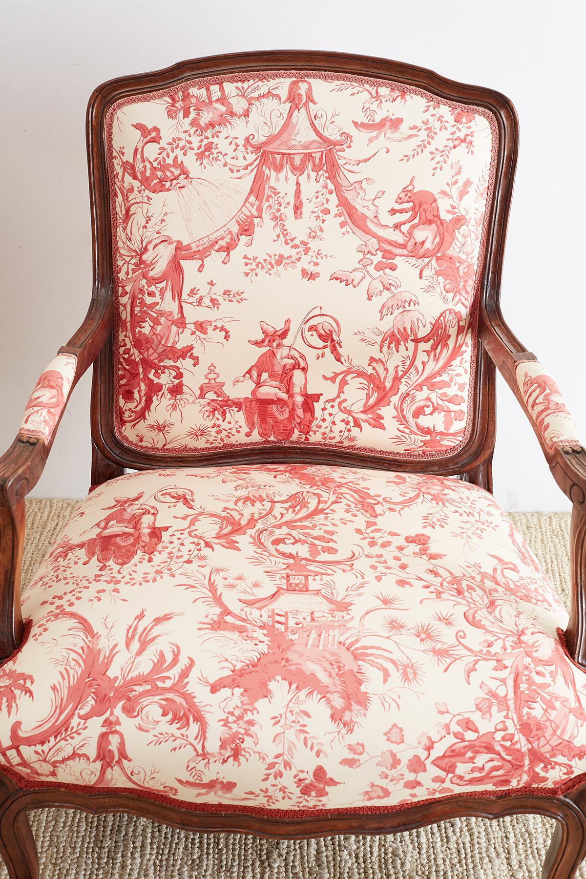 Louis XV Style Fauteuil Armchairs with Scalamandre Chinoiserie Toile 1