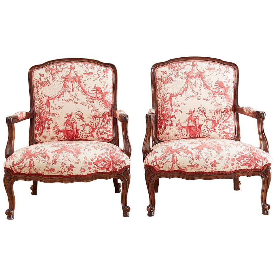 Louis XV Style Fauteuil Armchairs with Scalamandre Chinoiserie Toile