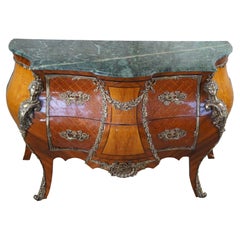 Louis XV Style Figural Walnut Parquetry Marble Top Bombe Commode Chest Ormolu