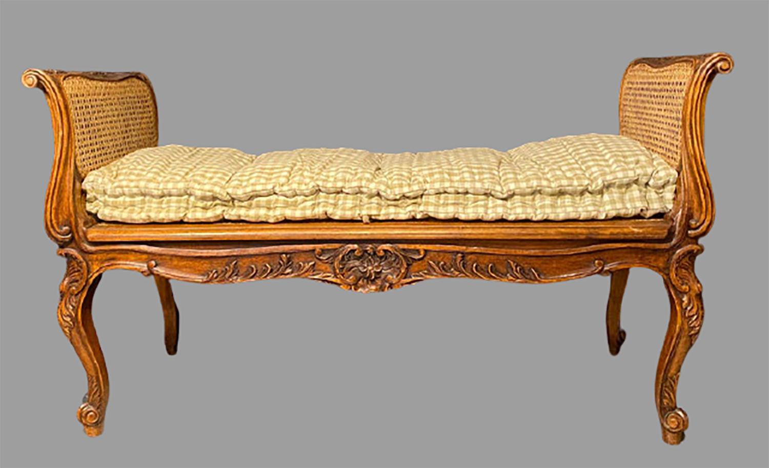 Hand-Carved Louis XV Style Finely Carved Walnut Window Seat Bench