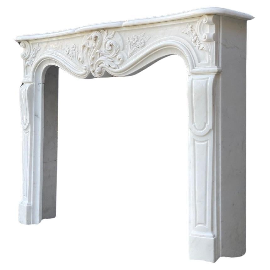 Louis XV Style Fireplace In White Carrara Marble, Circa 1980 For Sale