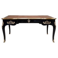 Louis XV Style Flat Desk, Blackened Wood, Leather & Bronze, 19th