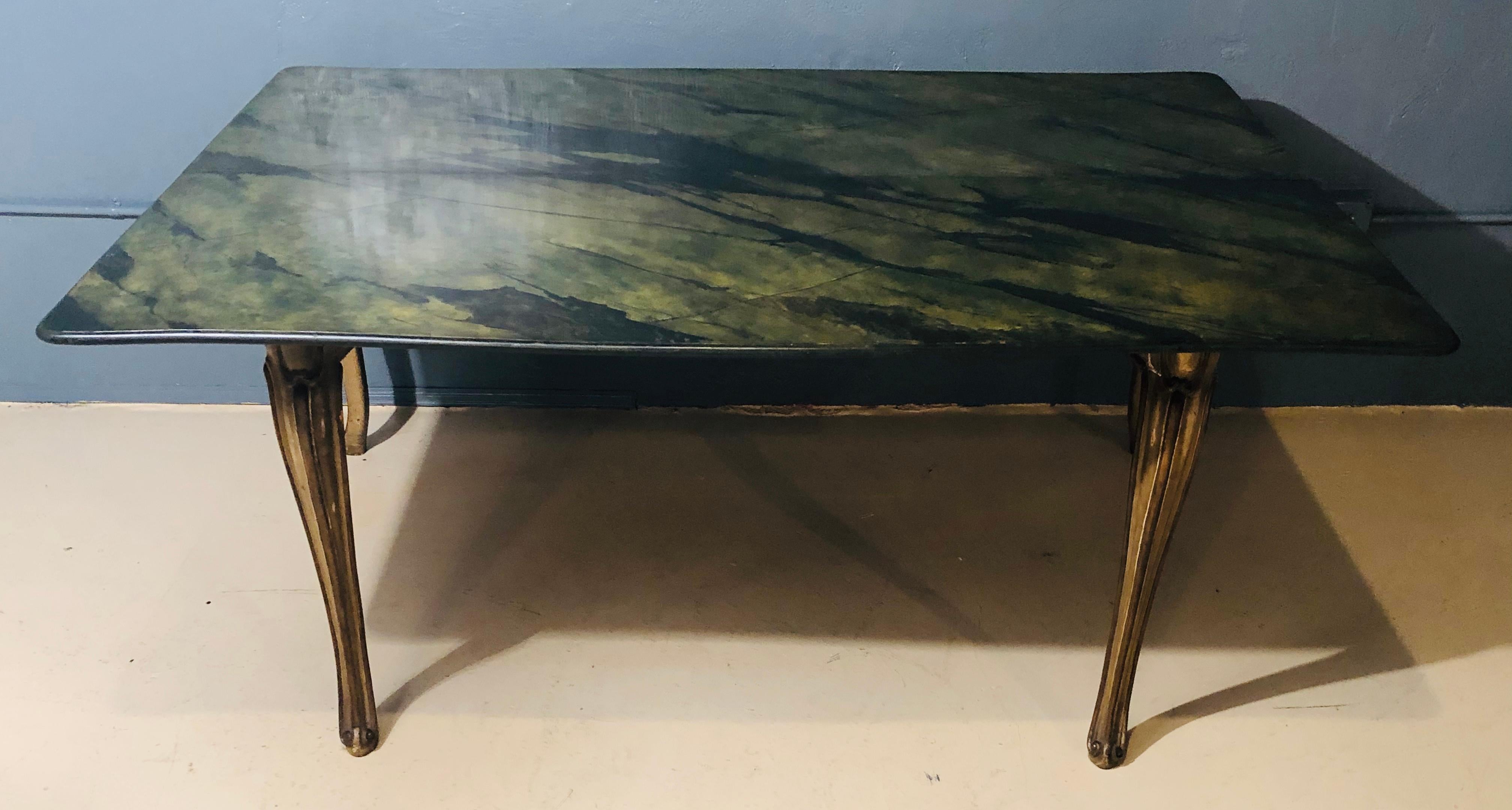 Hollywood Regency Louis XV Style Flip Top Console, Dining, Library Table, Painted Faux Marble Top