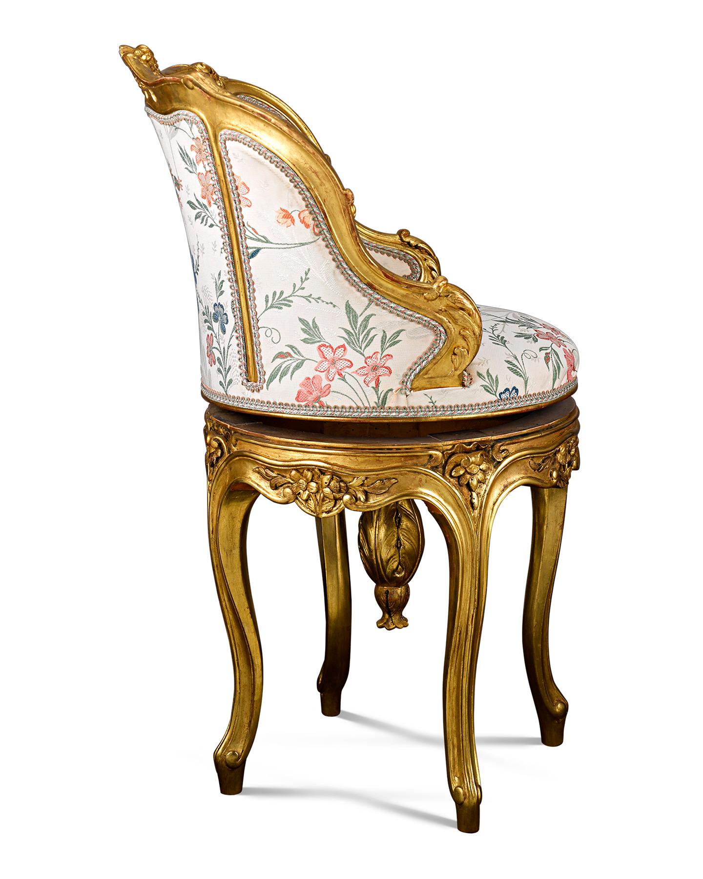 French Louis XV Style Floral and Gold Ormolu Piano Stool