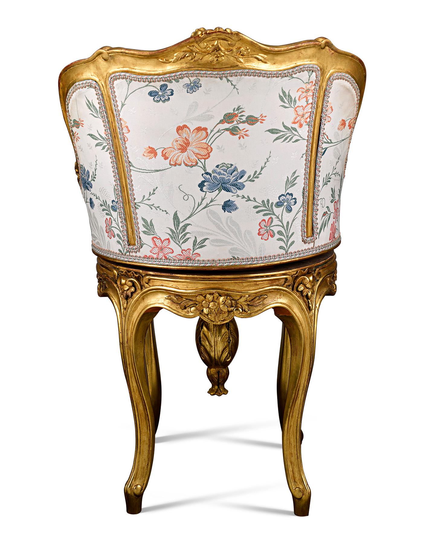 Louis XV Style Floral and Gold Ormolu Piano Stool In Excellent Condition In New Orleans, LA