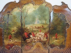 Louis XV style folding screen decorated with hunting scene, pockets for letters