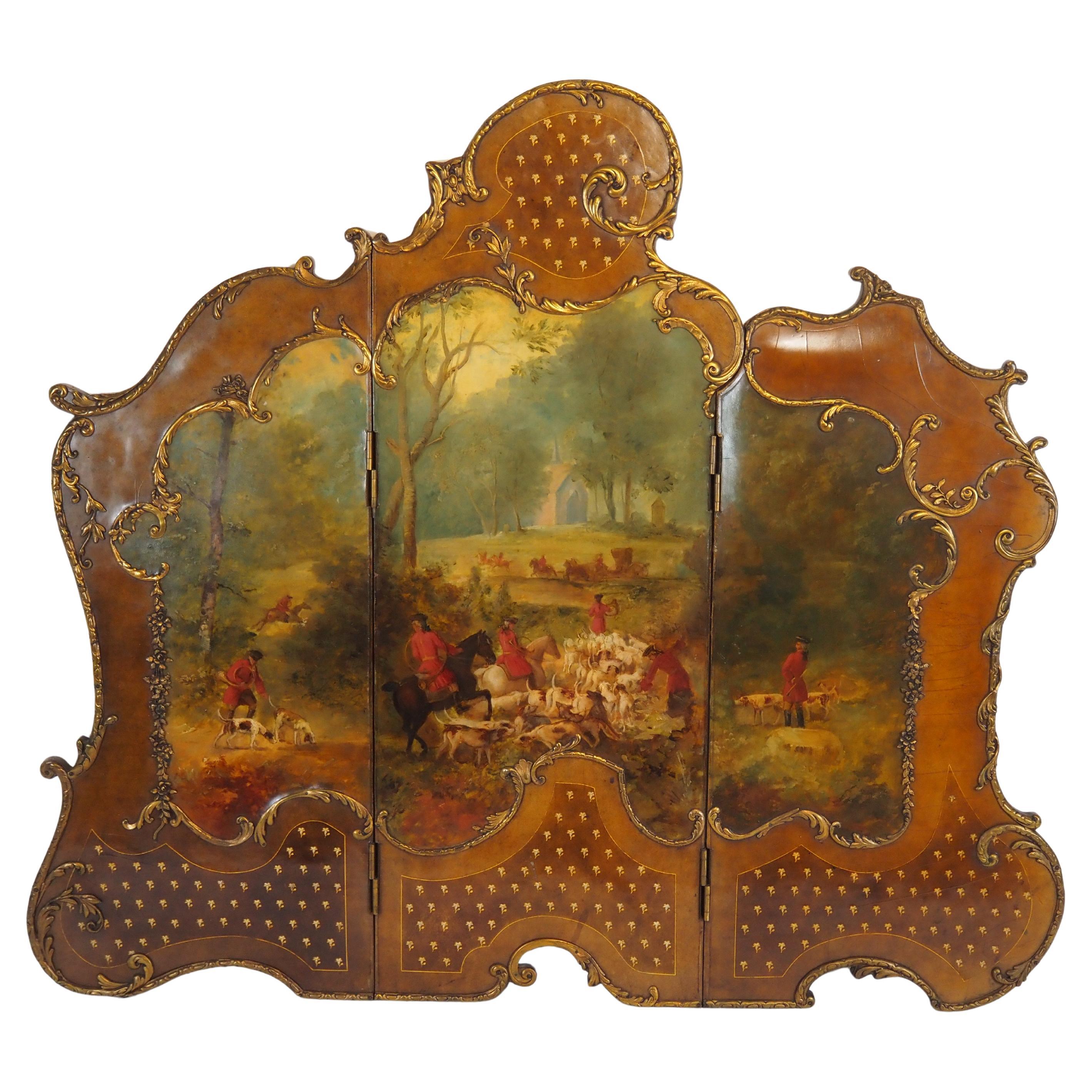 Louis XV style folding screen decorated with hunting scene, pockets for letters