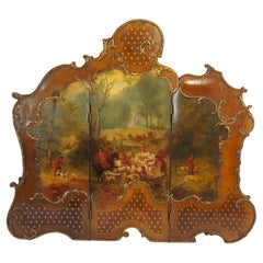 Louis XV style folding screen decorated with hunting scene, pockets for letters