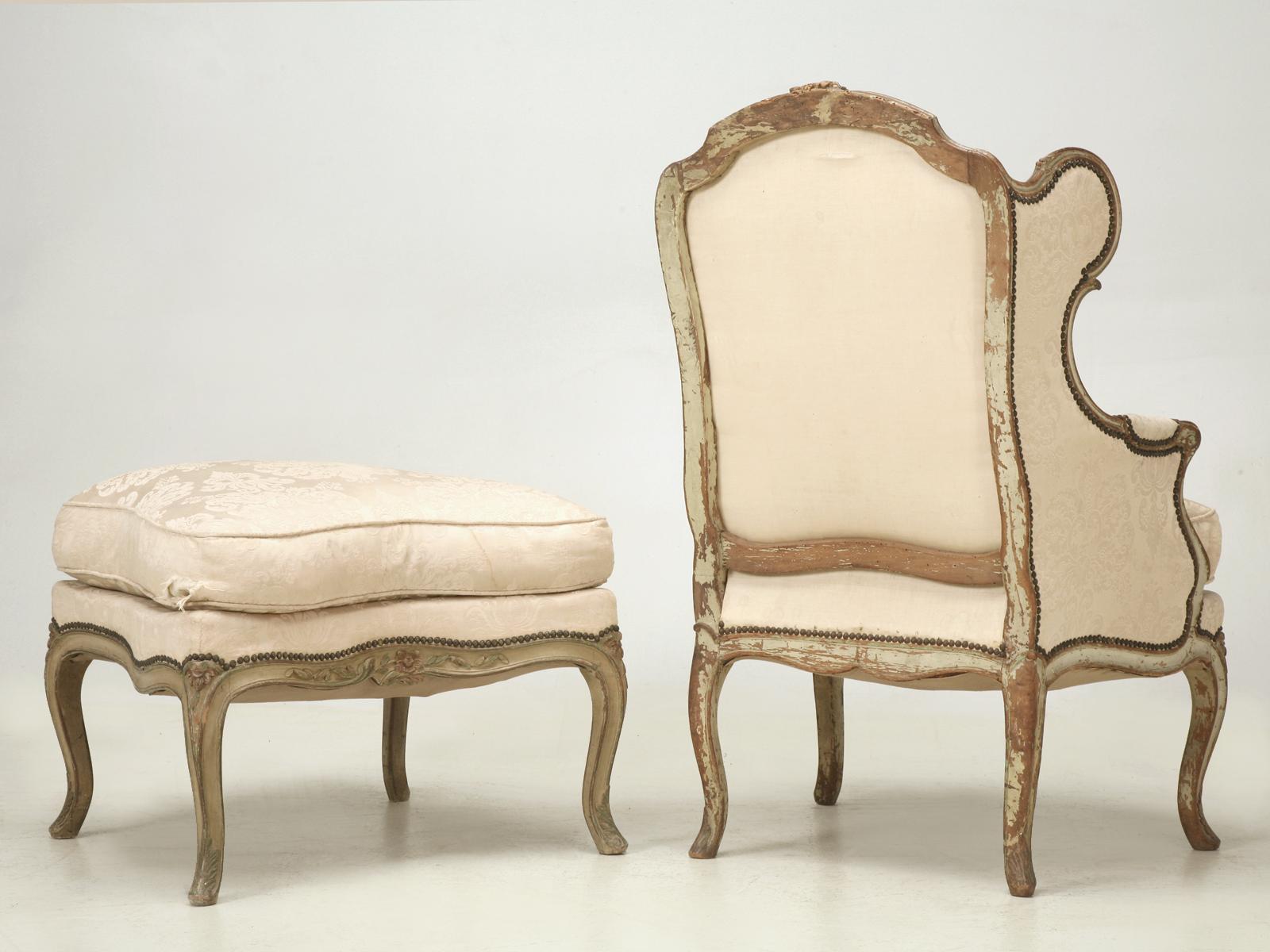 Louis XV Style French Antique Bergère and Ottoman in Original Paint Great Patina For Sale 7