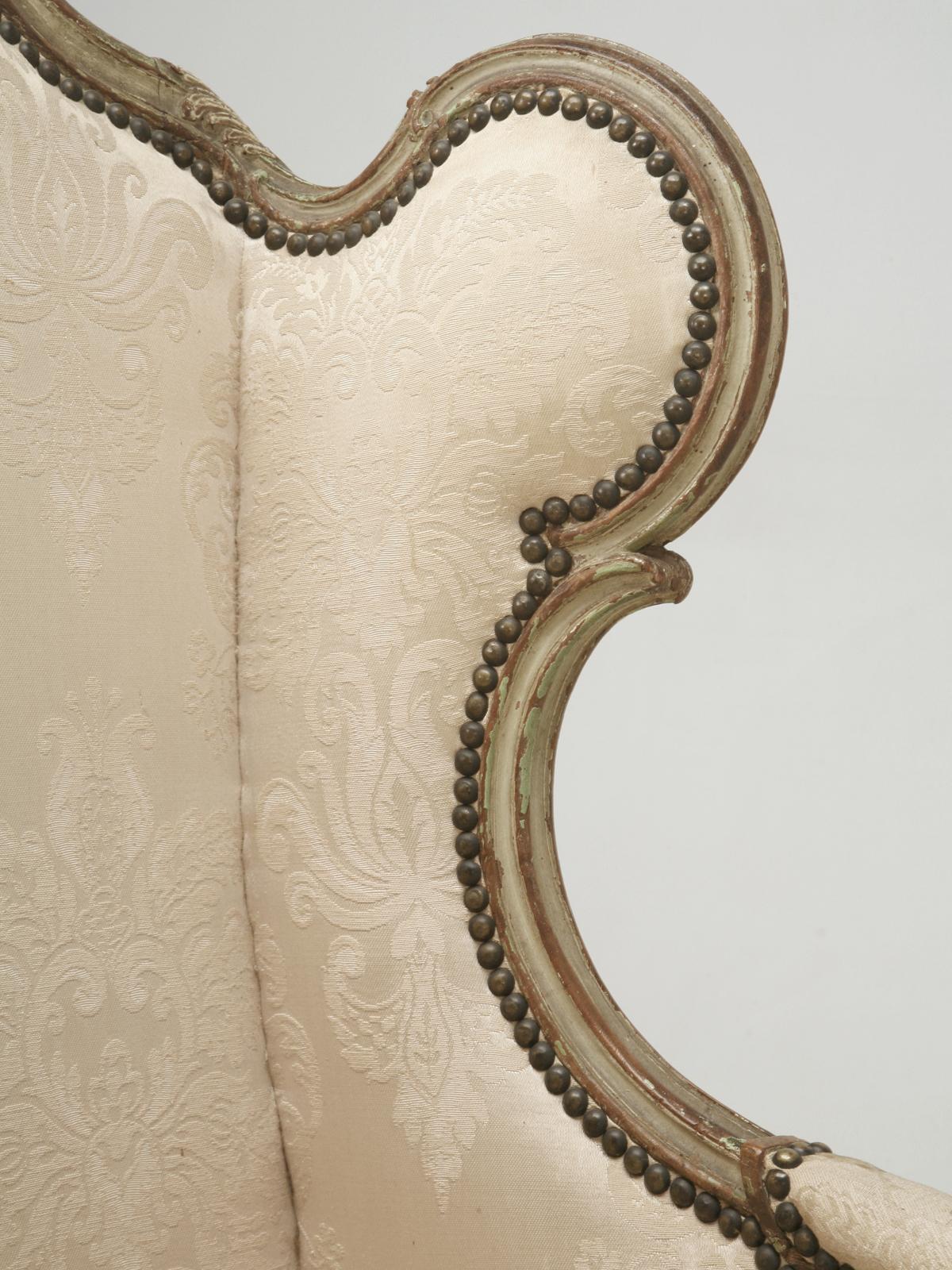 Hand-Carved Louis XV Style French Antique Bergère and Ottoman in Original Paint Great Patina