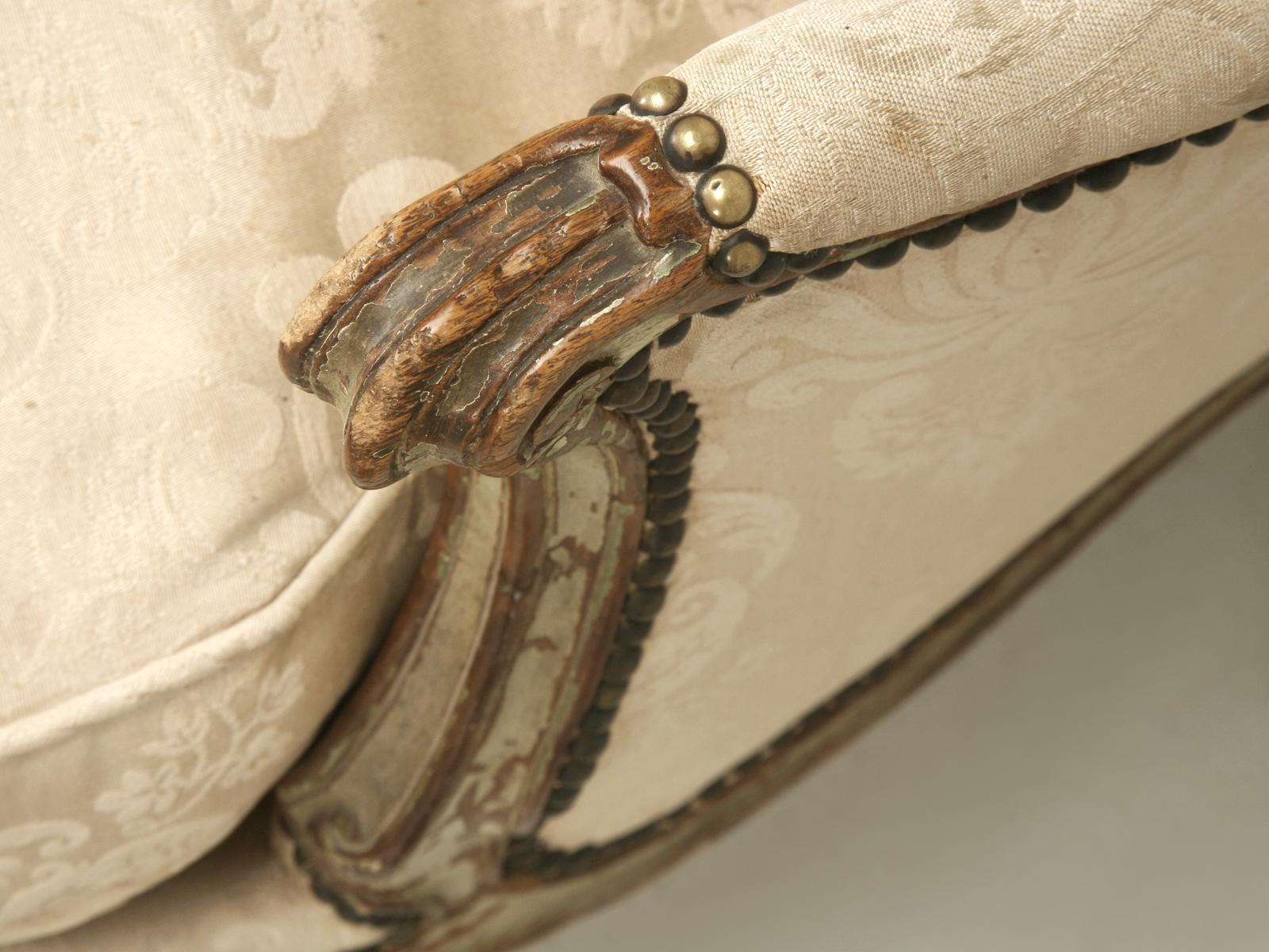 Louis XV Style French Antique Bergère and Ottoman in Original Paint Great Patina In Good Condition In Chicago, IL
