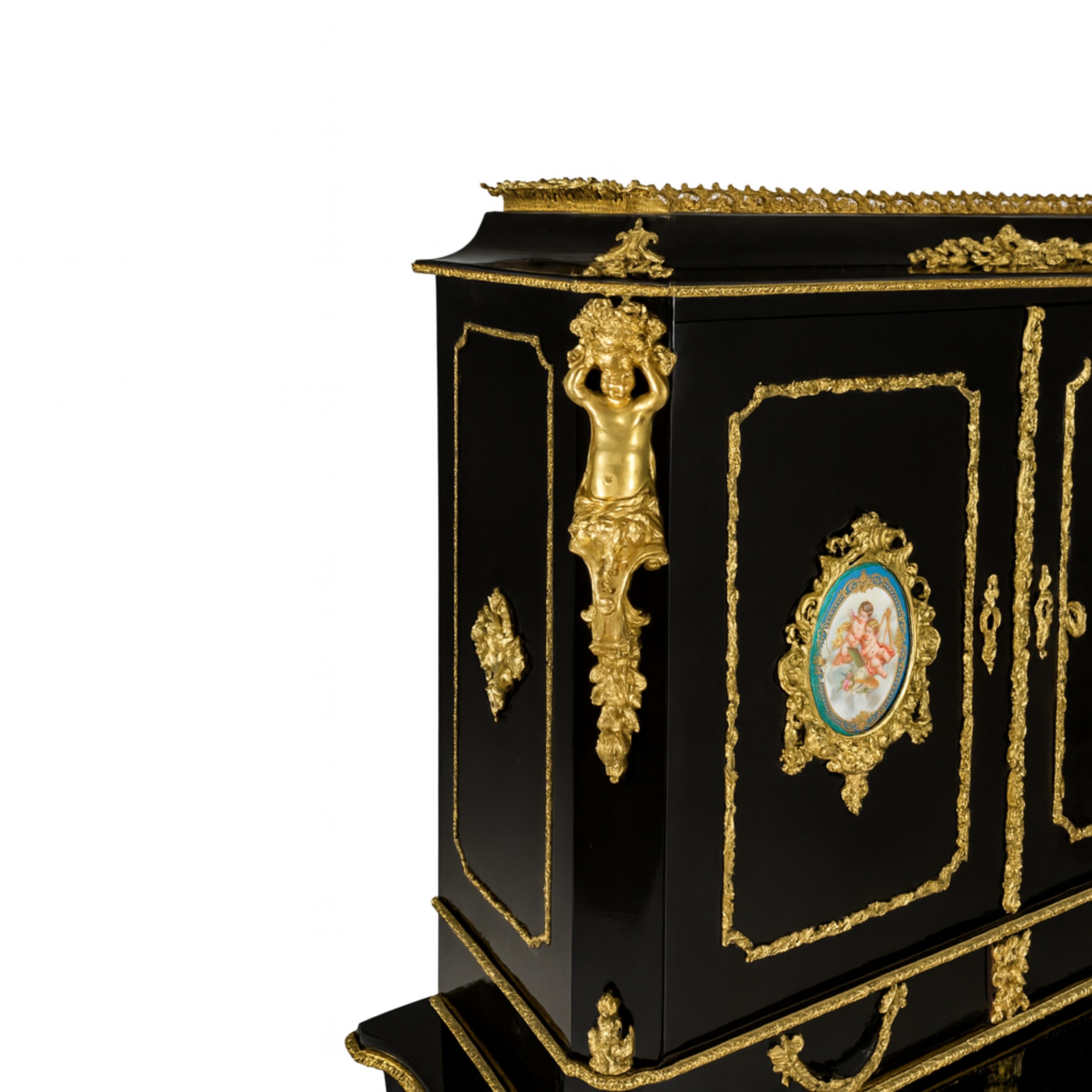 Bonheur du Jour francese in lacca nera in stile Luigi XV, fine XIX secolo In condizioni buone in vendita a Lisbon, PT