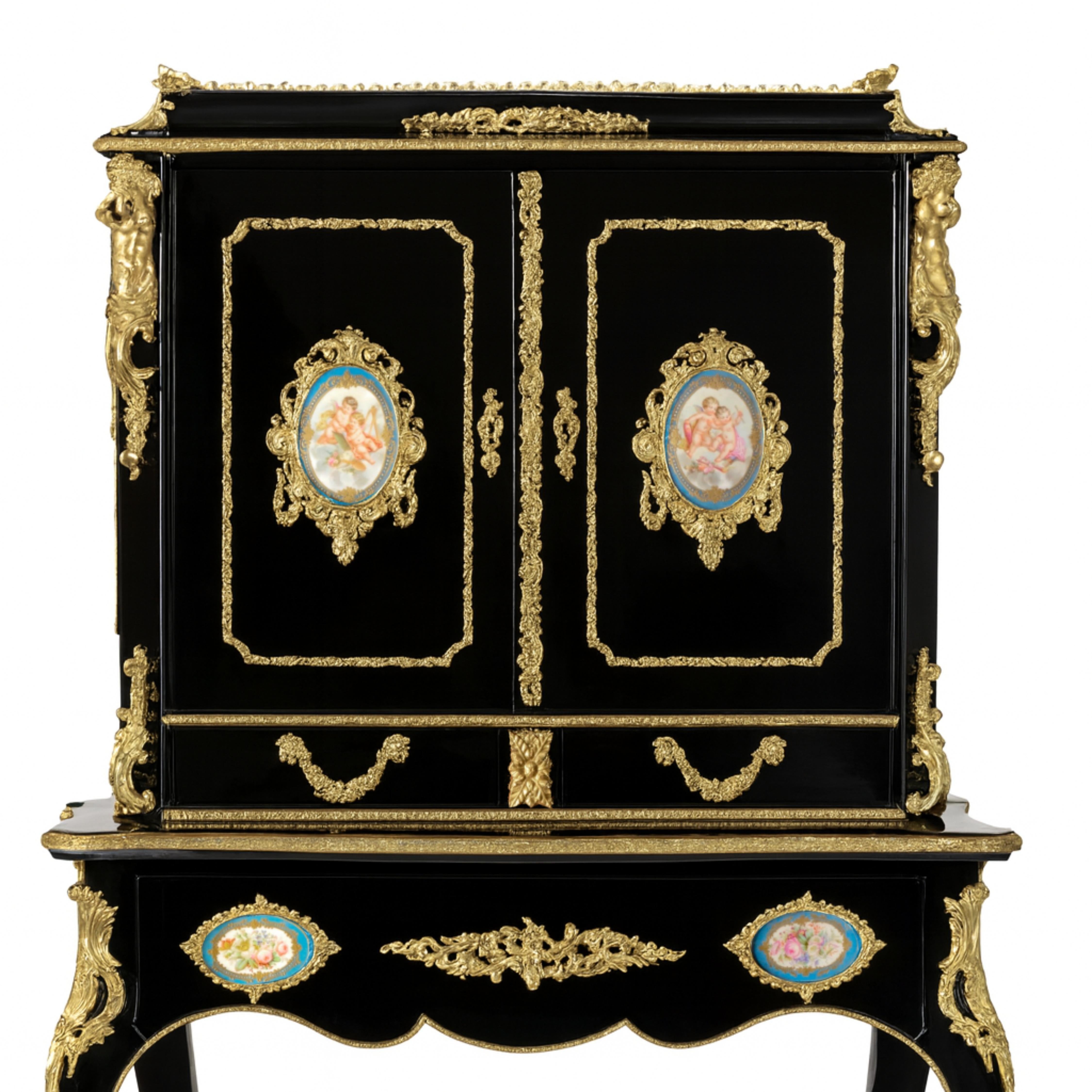Bonheur du Jour francese in lacca nera in stile Luigi XV, fine XIX secolo in vendita 1