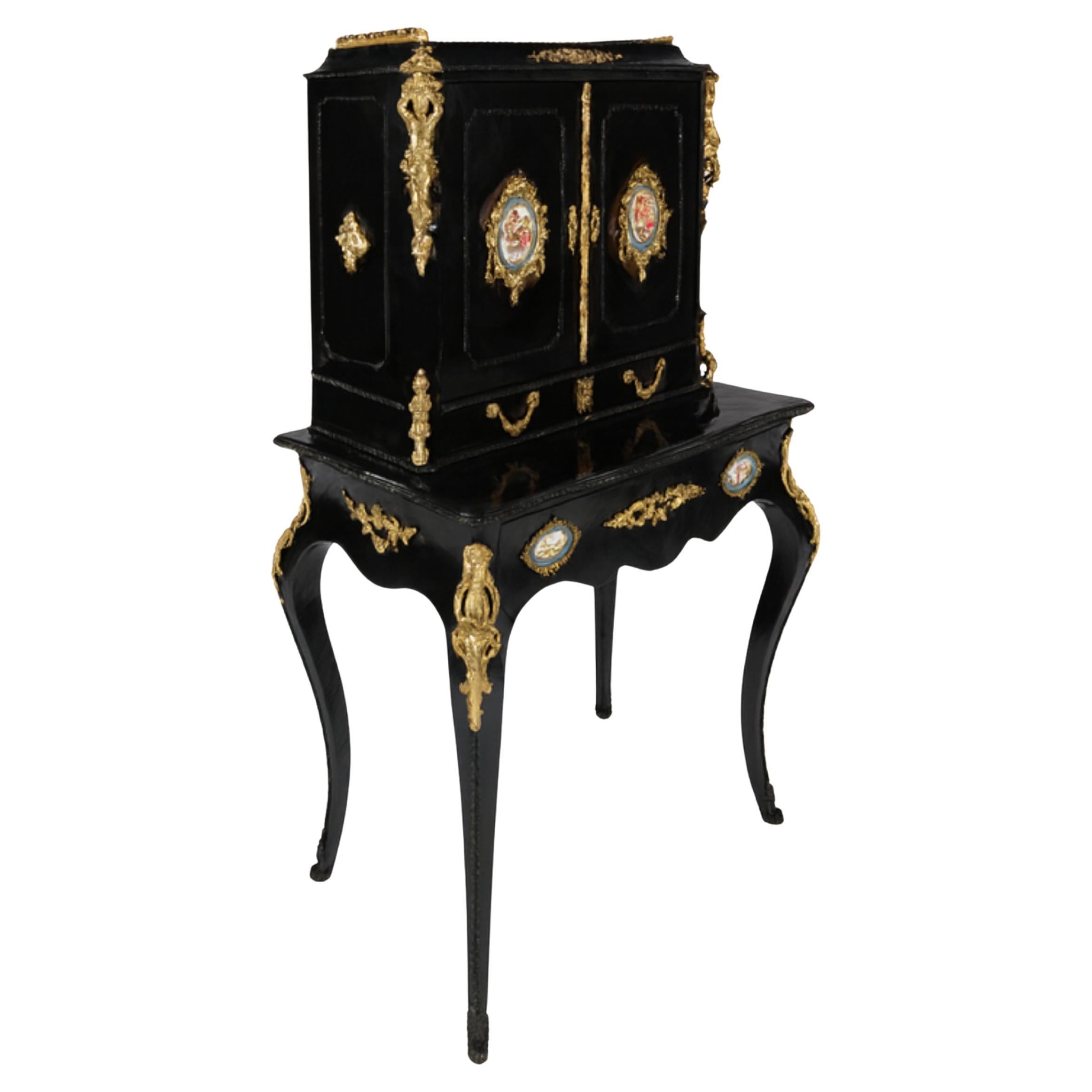 Bonheur du Jour francese in lacca nera in stile Luigi XV, fine XIX secolo in vendita