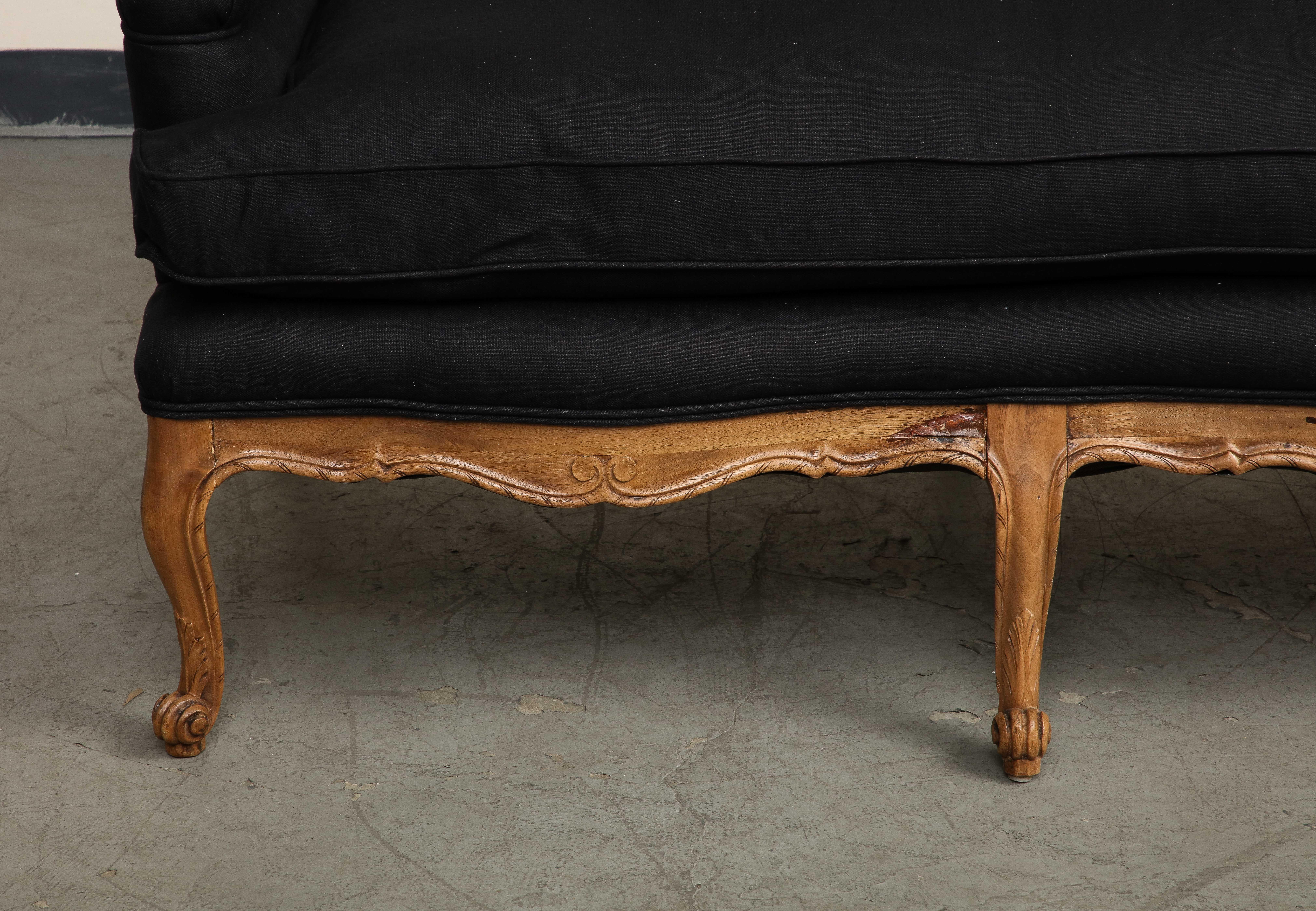 Louis XV Style French Carved Walnut and Black Linen Sofa 5