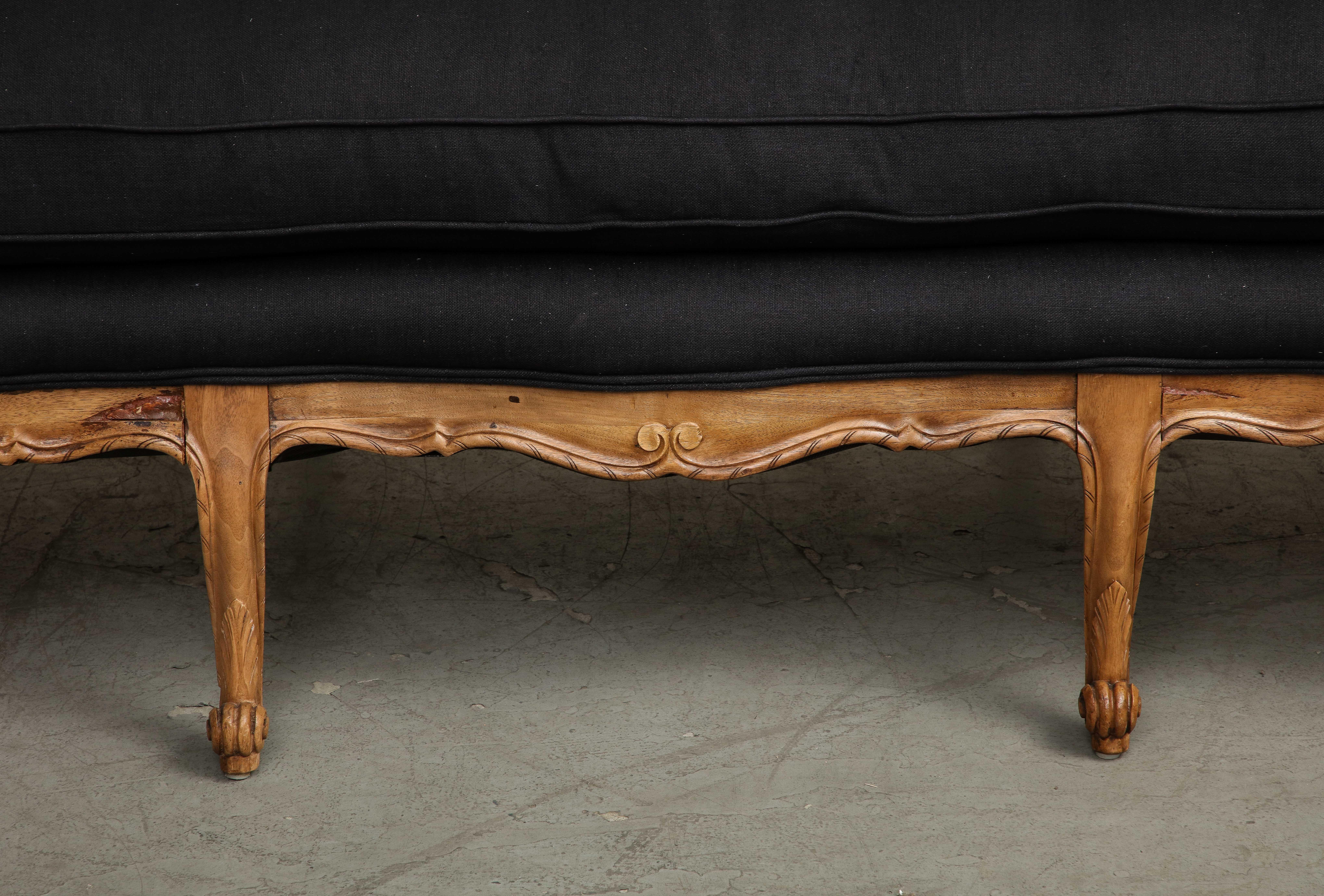 Louis XV Style French Carved Walnut and Black Linen Sofa 6