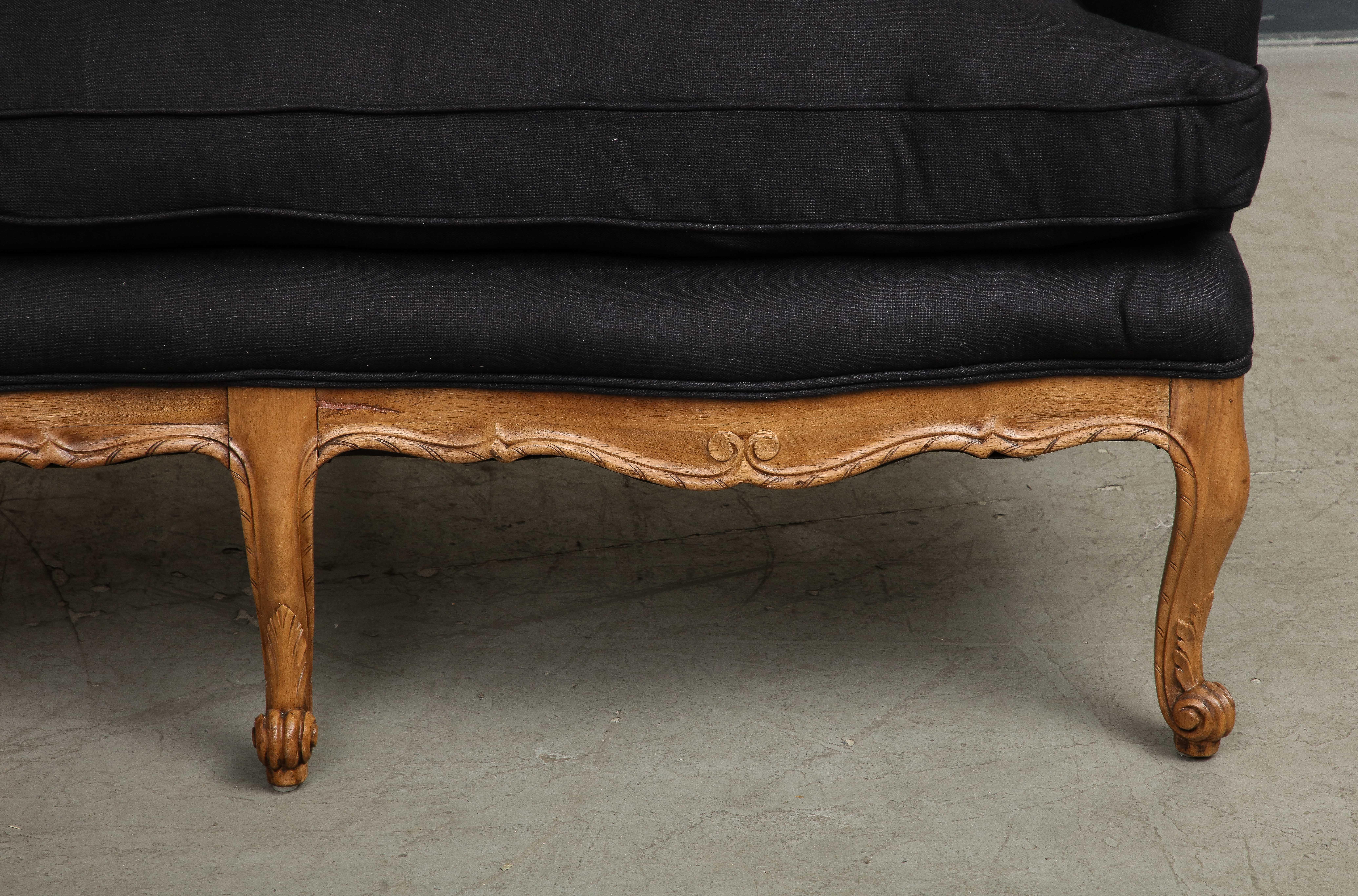Louis XV Style French Carved Walnut and Black Linen Sofa 7