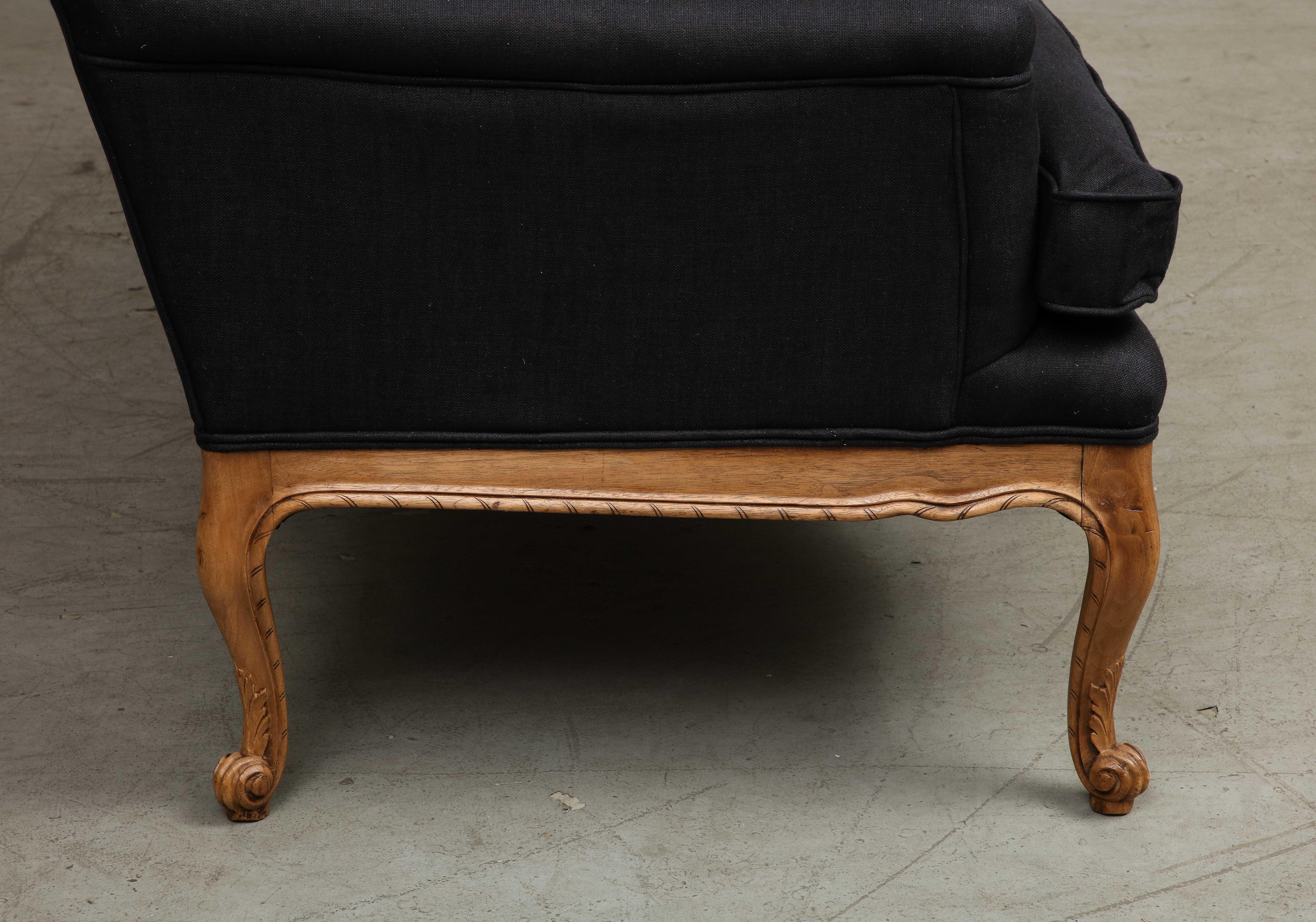 Louis XV Style French Carved Walnut and Black Linen Sofa 11