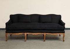 Louis XV Style French Carved Walnut and Black Linen Sofa