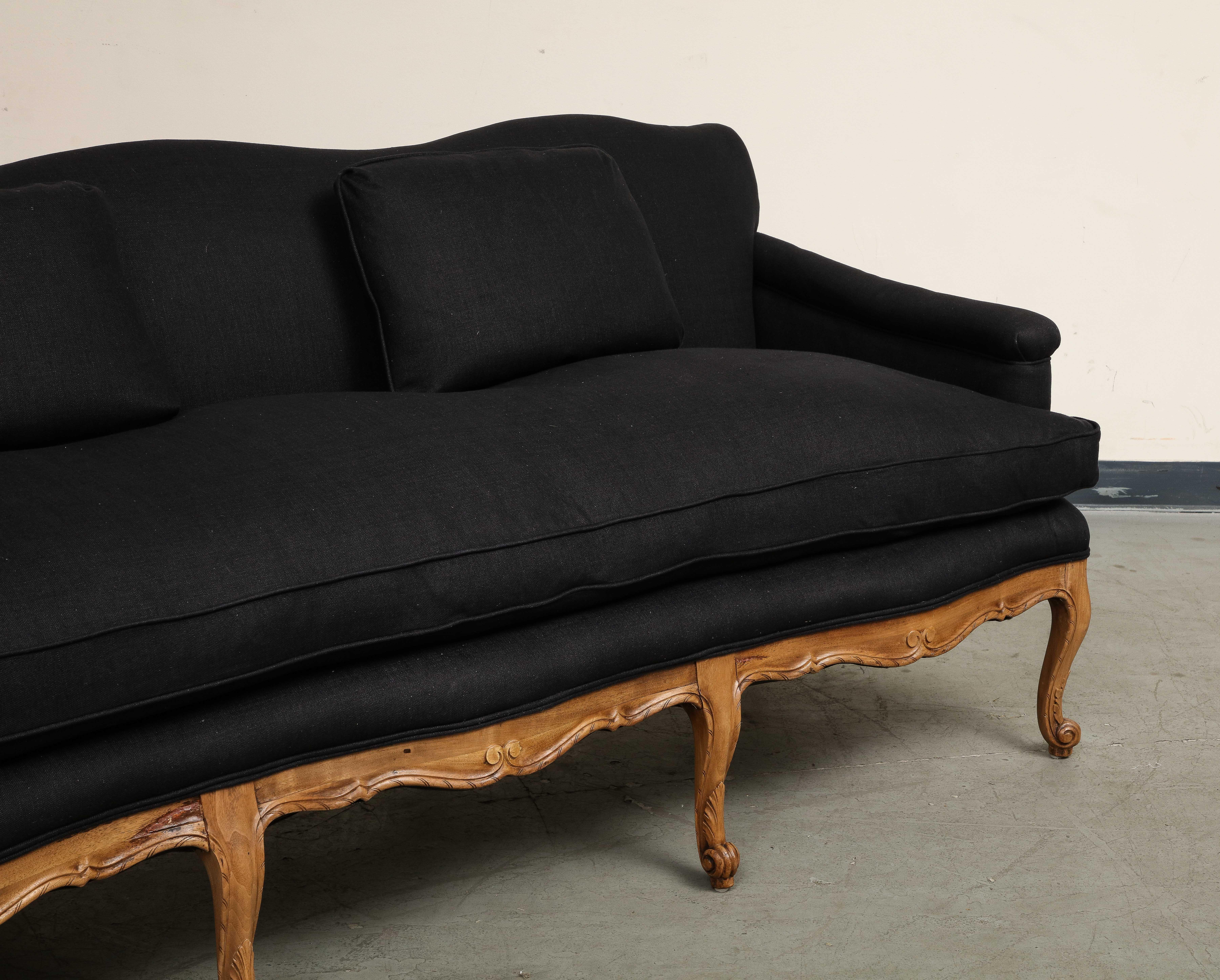 Louis XV Style French Carved Walnut and Black Linen Sofa 4