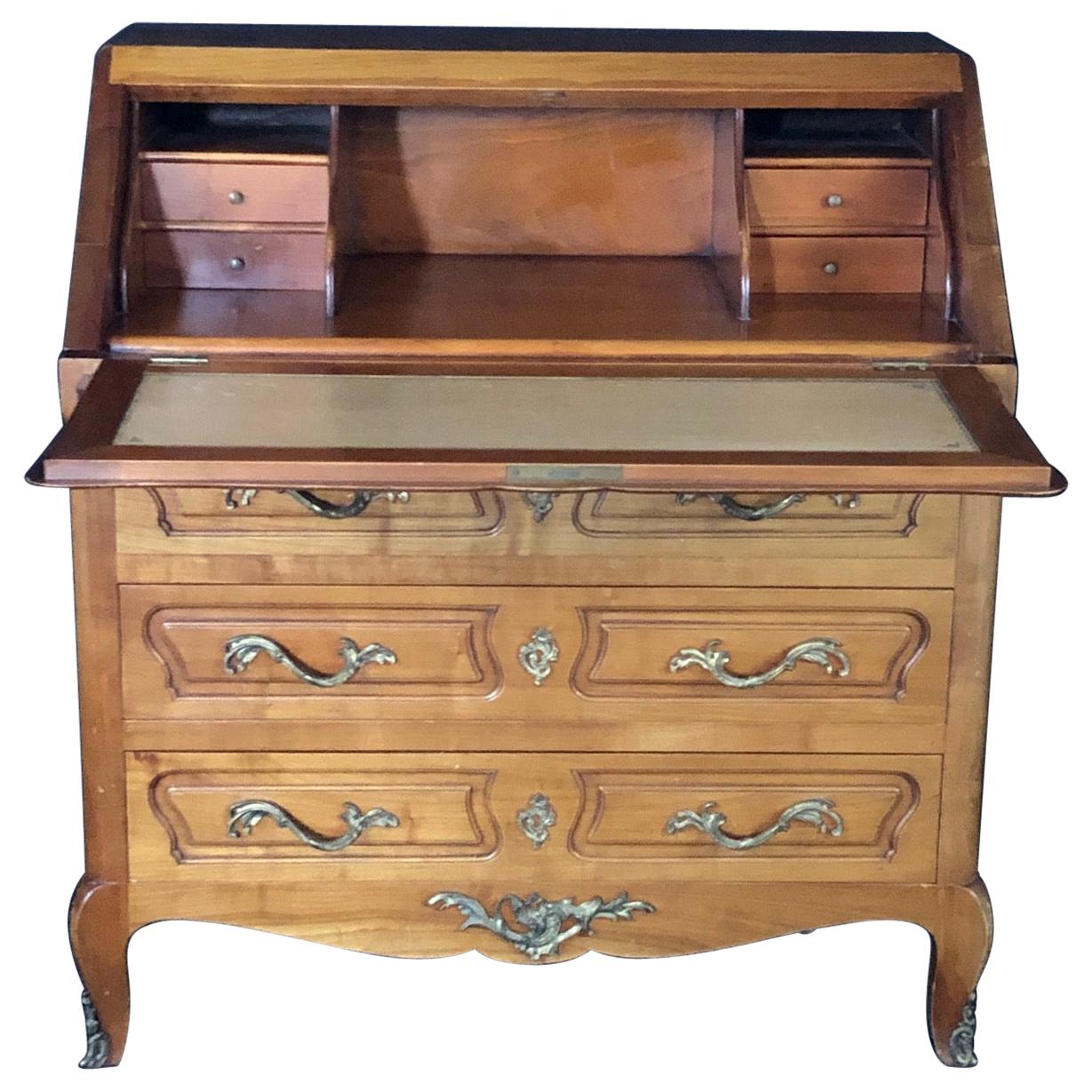 Louis XV Style French Carved Walnut Drop Front Secretary Desk
