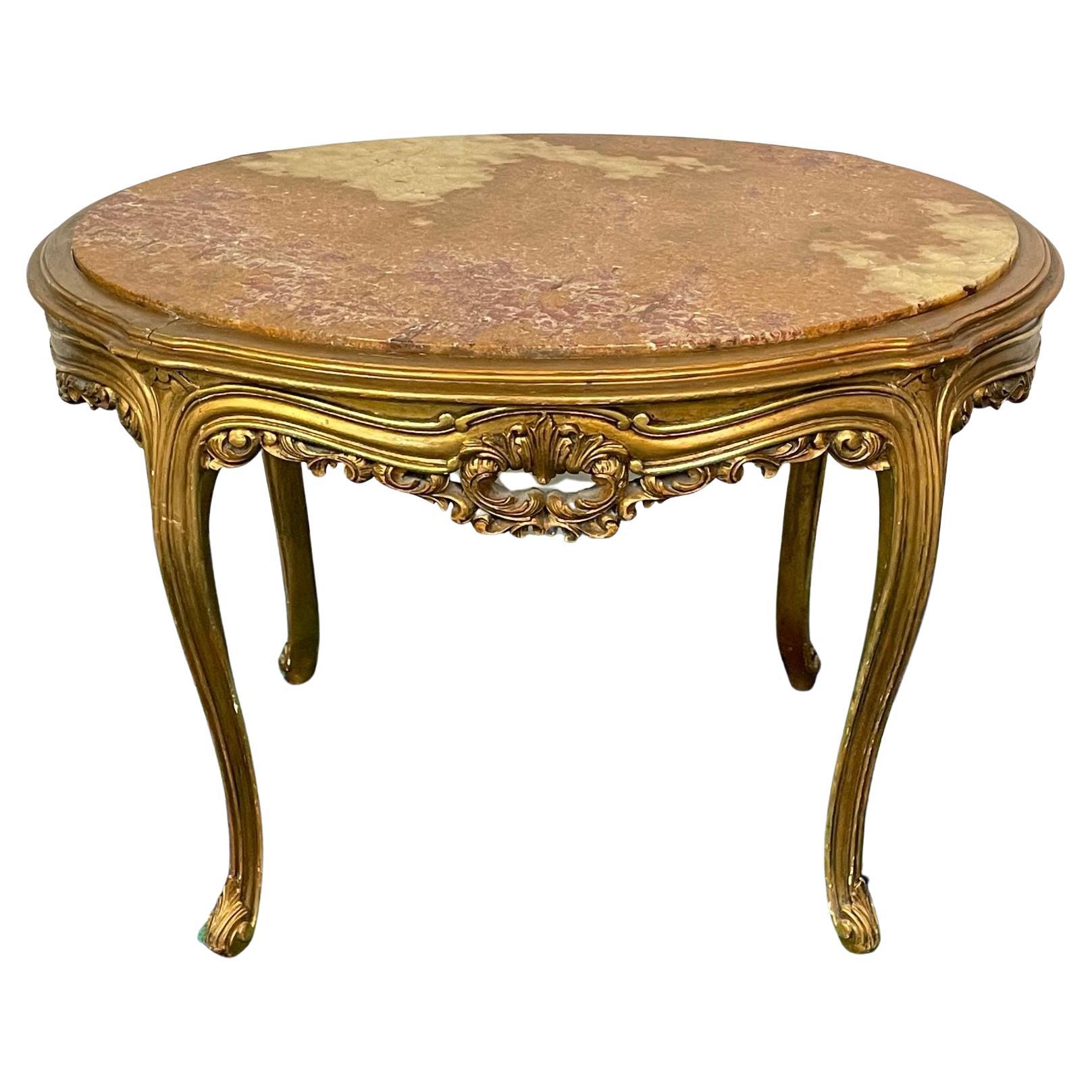 Centre de table français de style Louis XV, table d'appoint, bois doré, plateau en marbre