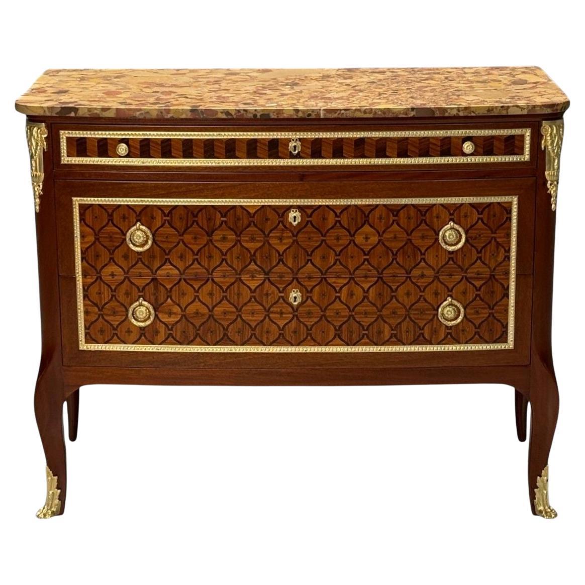 Commode francese in stile Luigi XV, intarsio in legno di Re, bronzo, Francia, XIX sec.