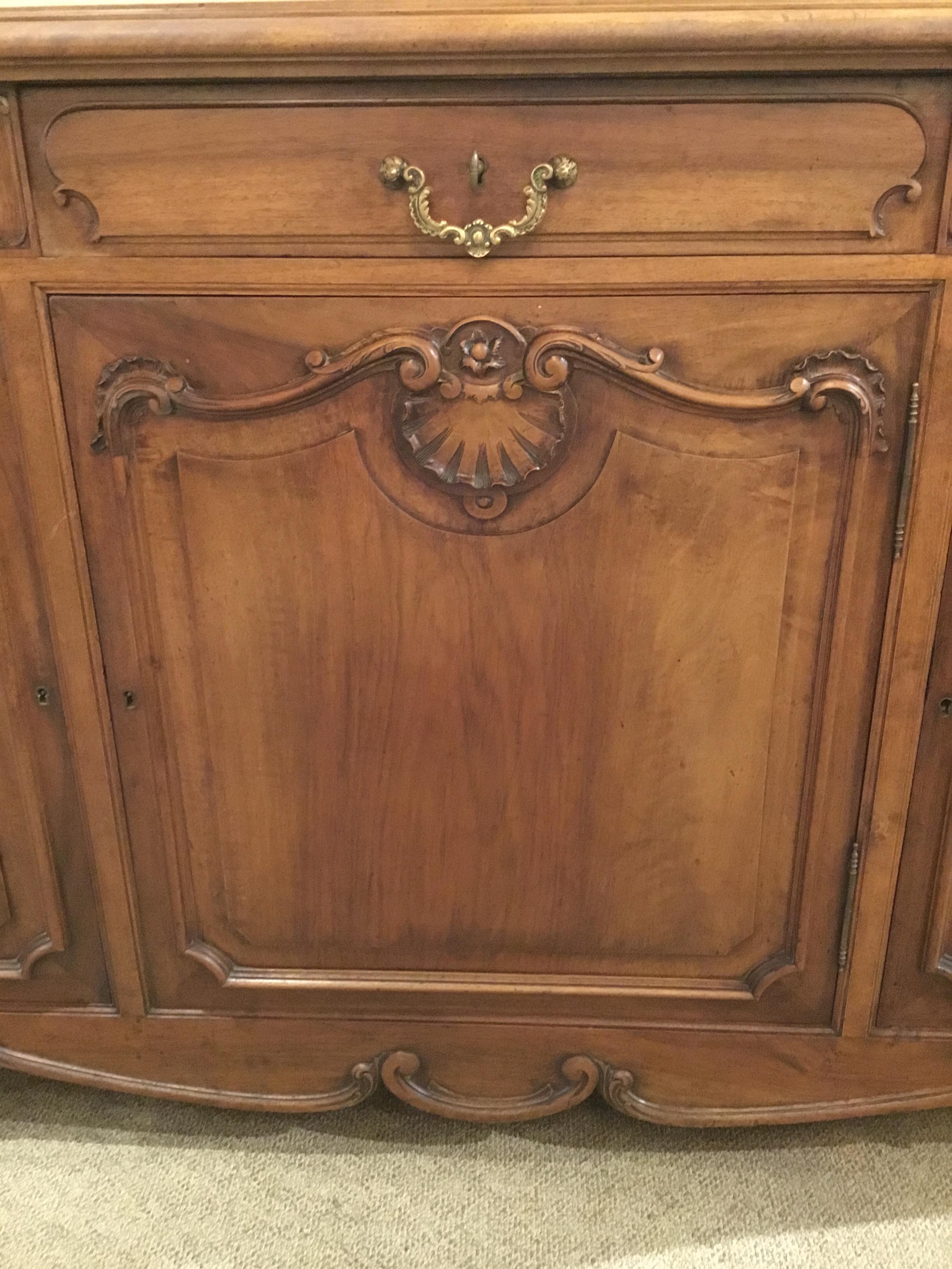 Louis XV-Style French Country Carved Walnut Sideboard or Buffet, Signed 1