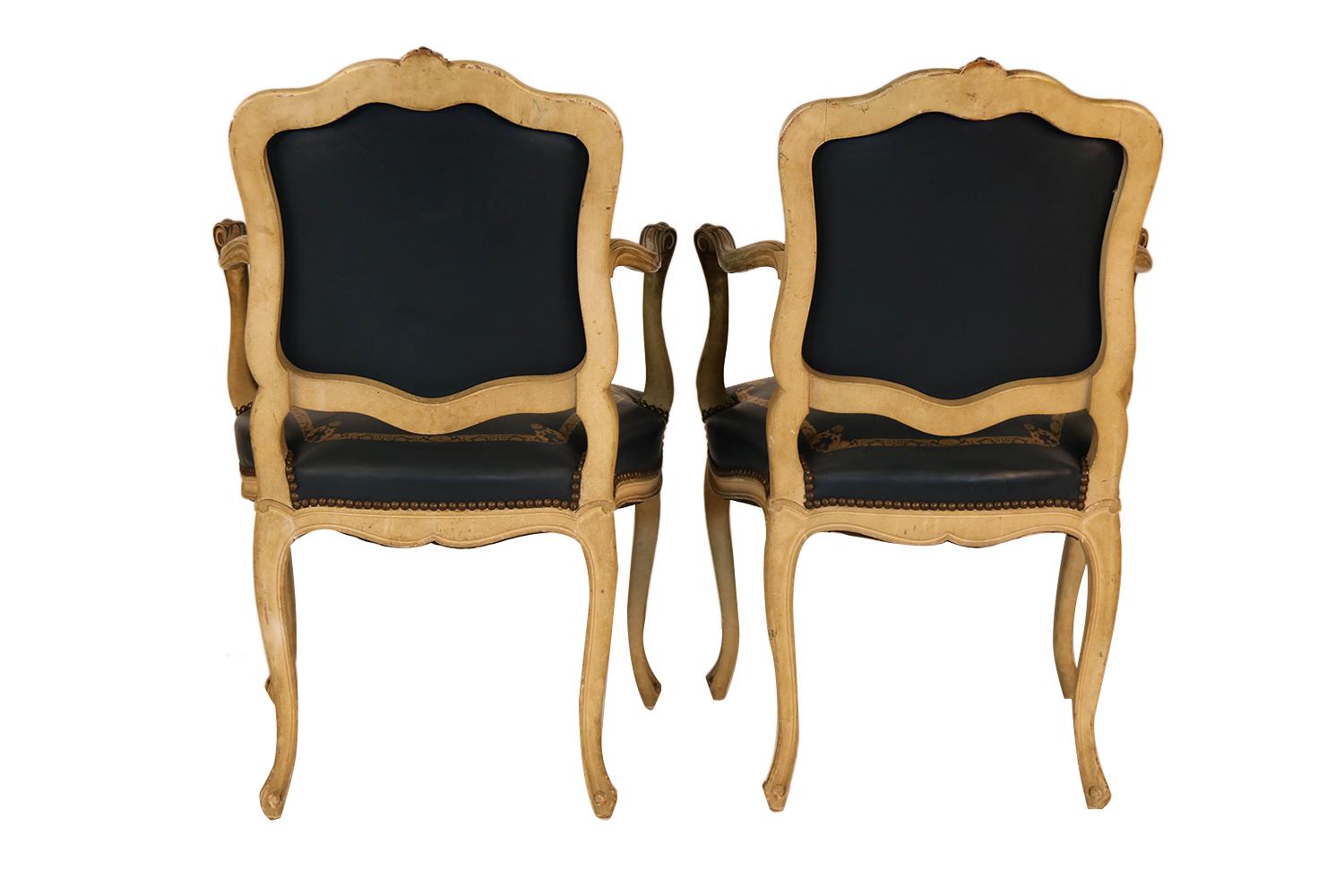 Carved Louis XV Style French Cream Painted Pair Fauteuils Blue  Armchairs