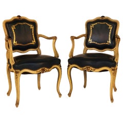 Louis XV Style French Cream Painted Pair Fauteuils Blue  Armchairs