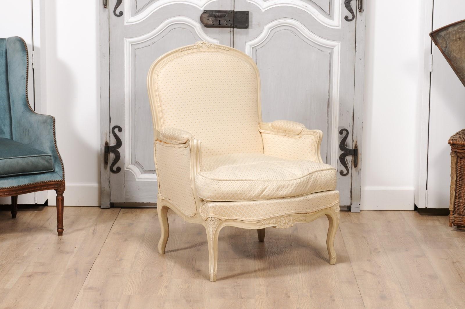 Louis XV Style French Cream Painted Wood Carved Bergères Chairs, a Pair 6